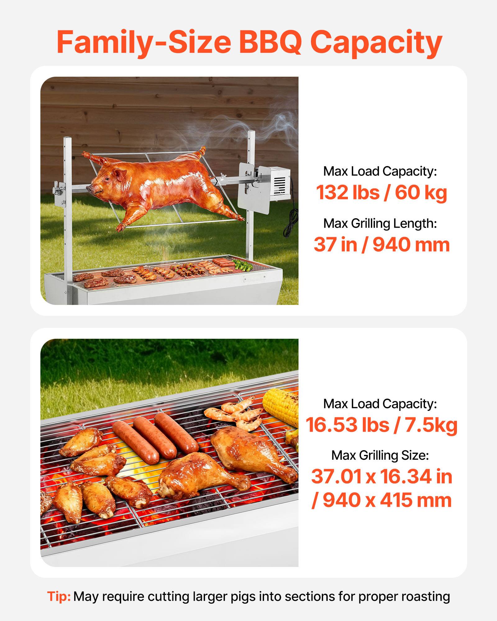 Family-Size BBQ Capacity

Max Load Capacity: 132 lbs / 60 kg  
Max Grilling Length: 37 in / 940 mm  

Max Load Capacity: 16.53 lbs / 7.5 kg  
Max Grilling Size: 37.01 x 16.34 in / 940 x 415 mm  

Tip: May require cutting larger pigs into sections for proper roasting