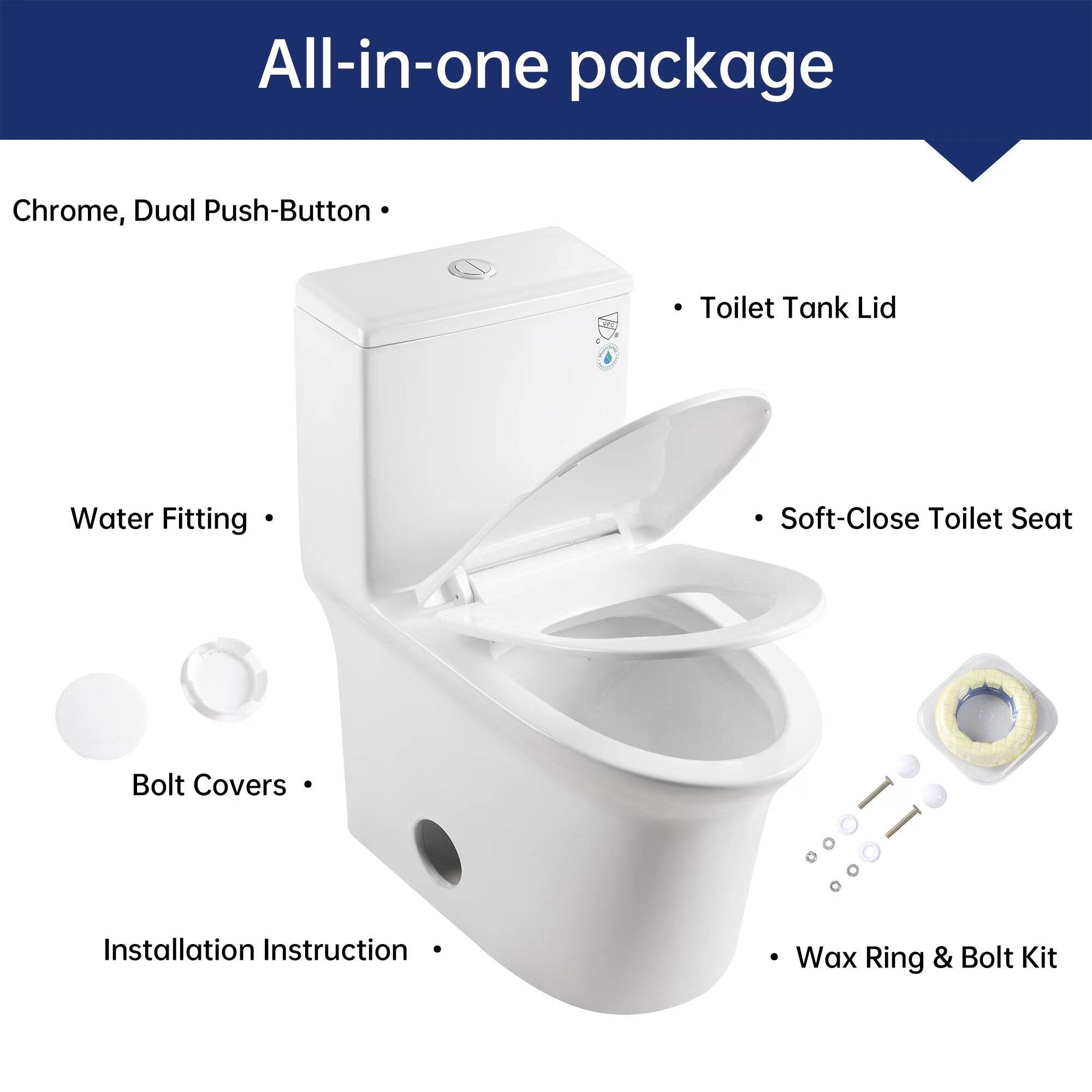 All-in-one package

- Chrome, Dual Push-Button
- Toilet Tank Lid
- Water Fitting
- Soft-Close Toilet Seat
- Bolt Covers
- Installation Instruction
- Wax Ring & Bolt Kit