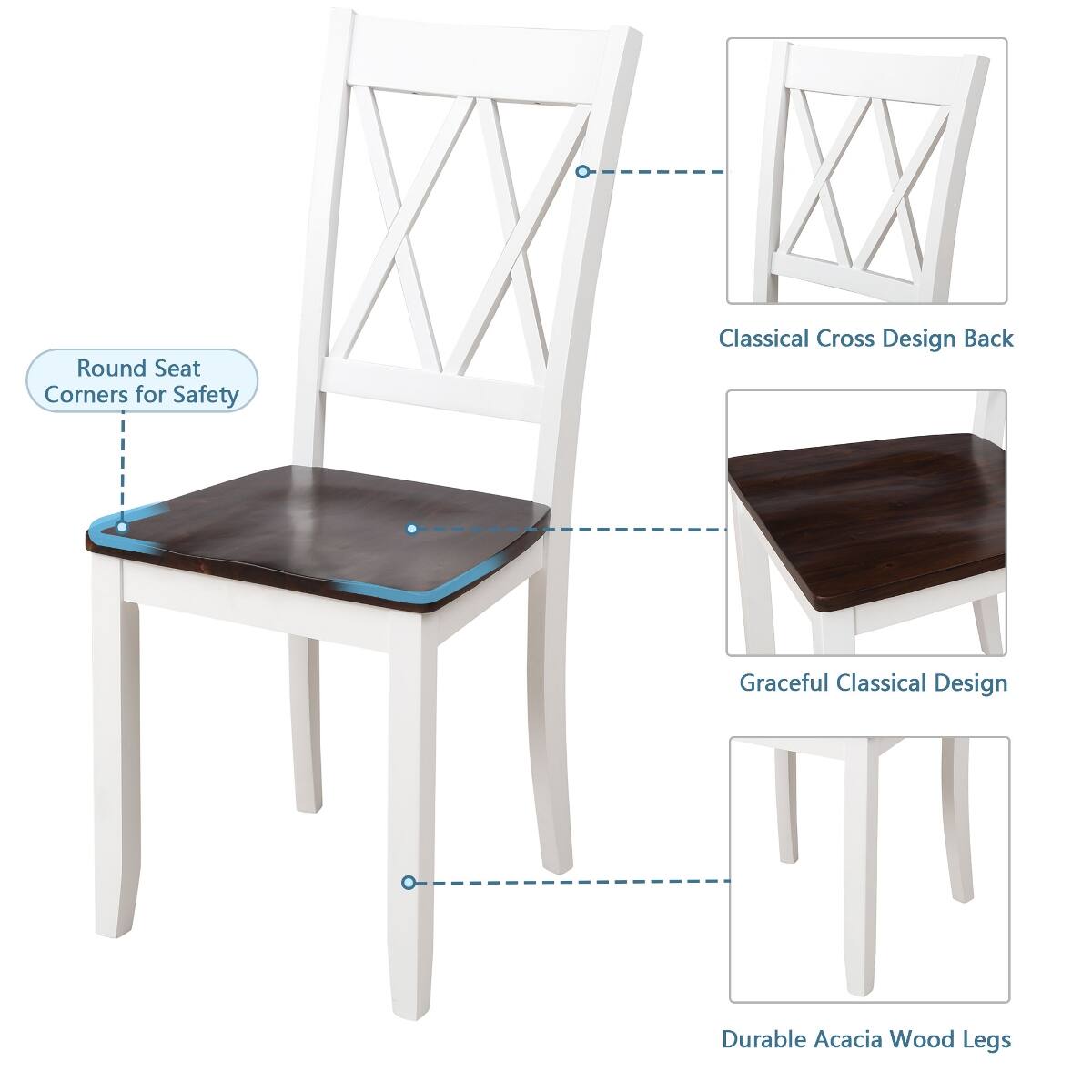 Round Seat Corners for Safety  
Classical Cross Design Back  
Graceful Classical Design  
Durable Acacia Wood Legs