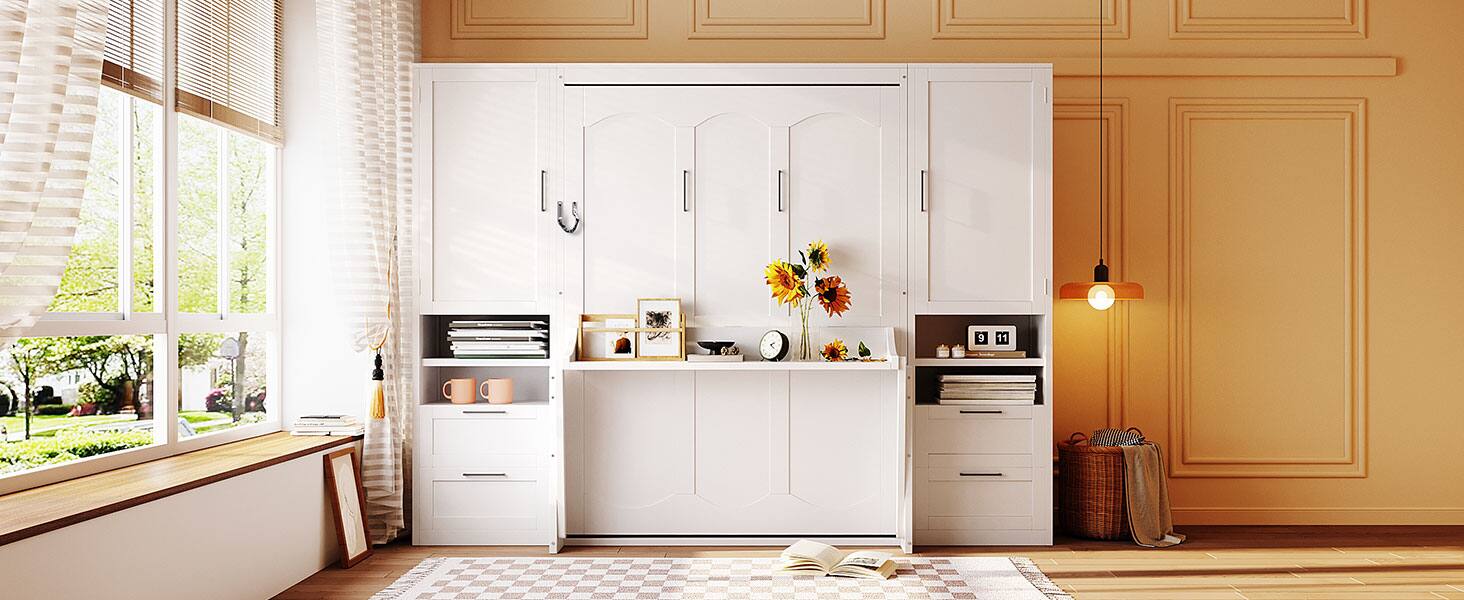 Alt View 1. Tiramisubest - Full Size White Murphy Bed with Closet, Drawers & Shelves, MDF+LVL, 107x18x82 inches, 395 lbs - White.