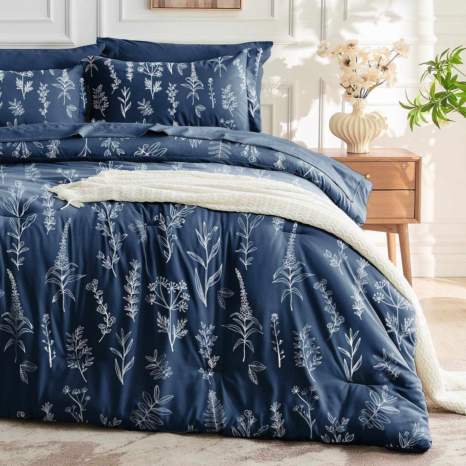 Front. Earthley Blooms - Mineral Full Comforter Set Elegant Floral Print Bed In A Bag 7 Pieces Ultra Soft Breathable Reversible - Navy Blue Leaves-Full(82"x86").