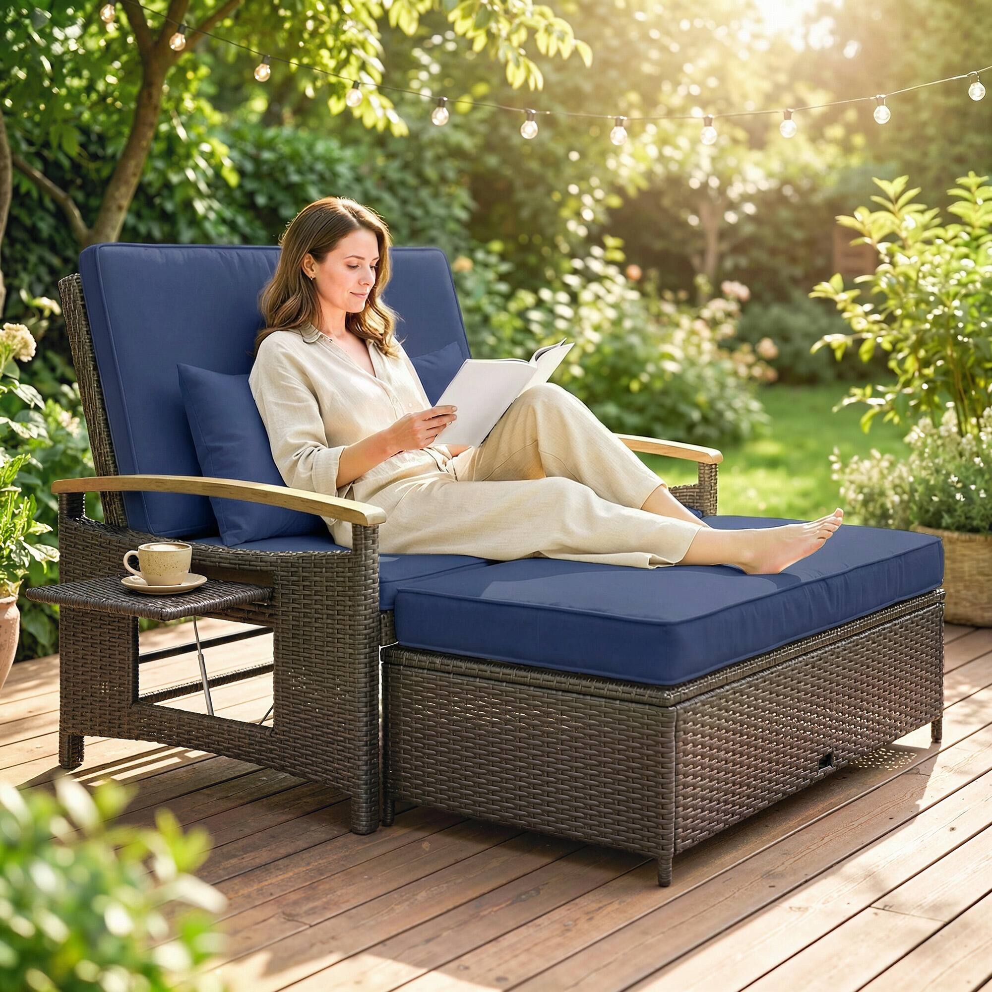 Alt View 1. Outsunny - Outdoor Daybed w/4-Level Adjustable Backrest, Patio Sofa Bed w/Storage Ottoman, Acacia Wood Armrest - Navy Blue.