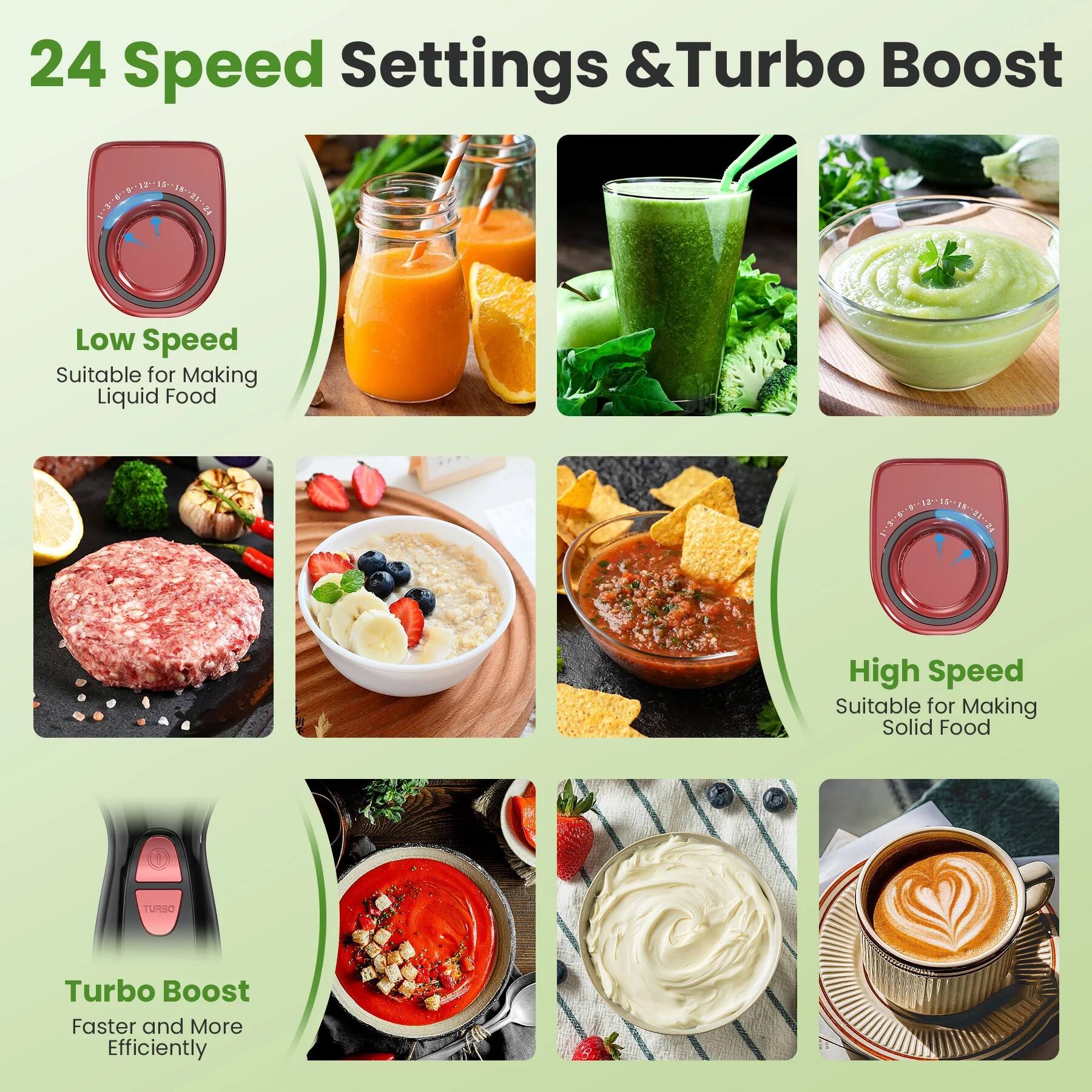 24 Speed Settings & Turbo Boost

Low Speed
Suitable for Making Liquid Food

High Speed
Suitable for Making Solid Food

Turbo Boost
Faster and More Efficiently
