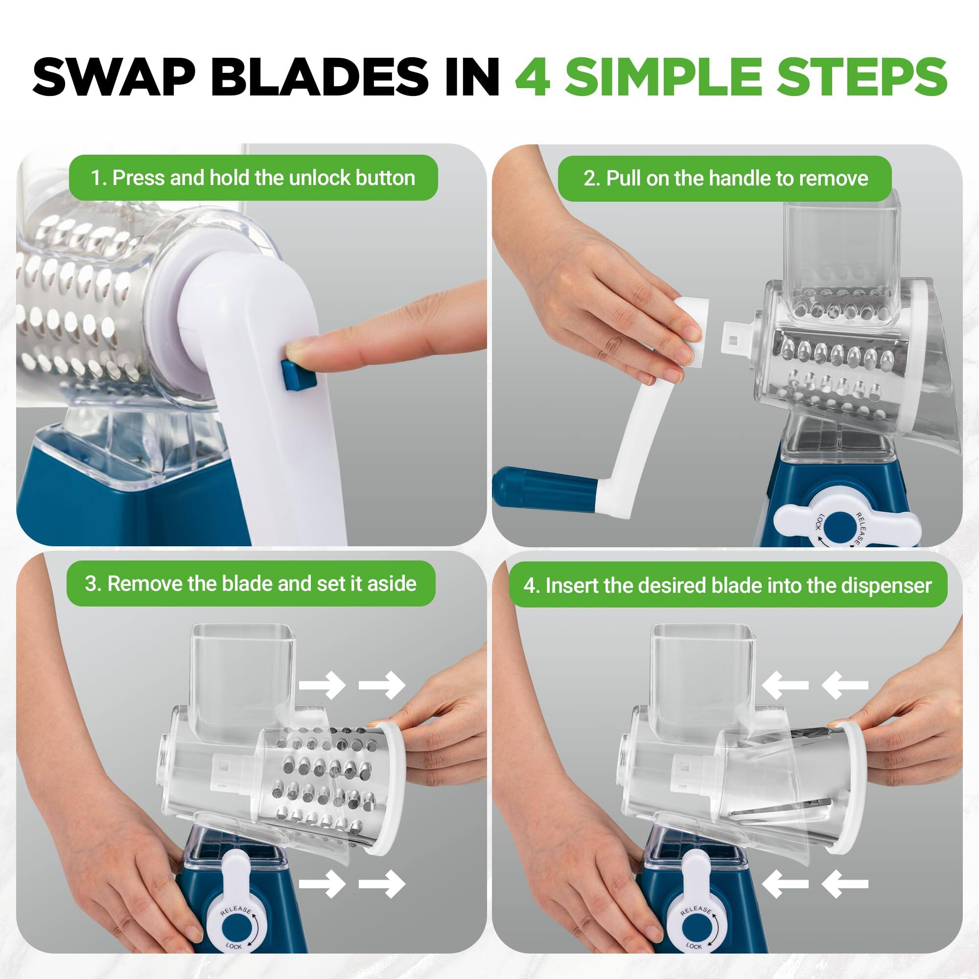 SWAP BLADES IN 4 SIMPLE STEPS

1. Press and hold the unlock button
2. Pull on the handle to remove
3. Remove the blade and set it aside
4. Insert the desired blade into the dispenser