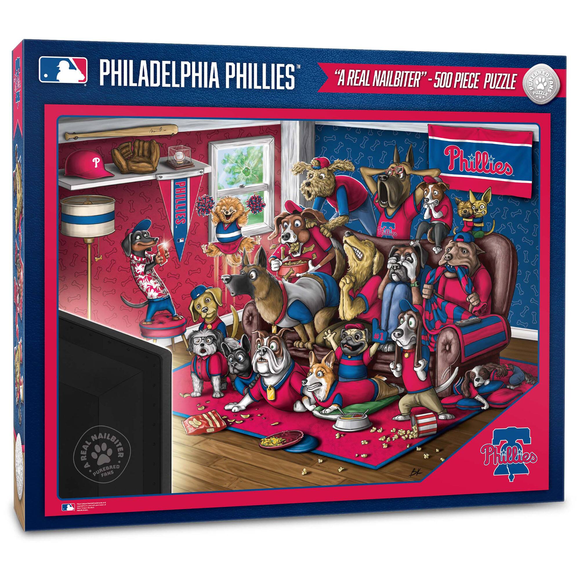 PHILADELPHIA PHILLIES' "A REAL NAILBITER" - 500 PIECE PUZZLE  
"A REAL NAILBITER" - 500 PIECE PUZZLE  
PHILLIES  
PUREBRED FANS