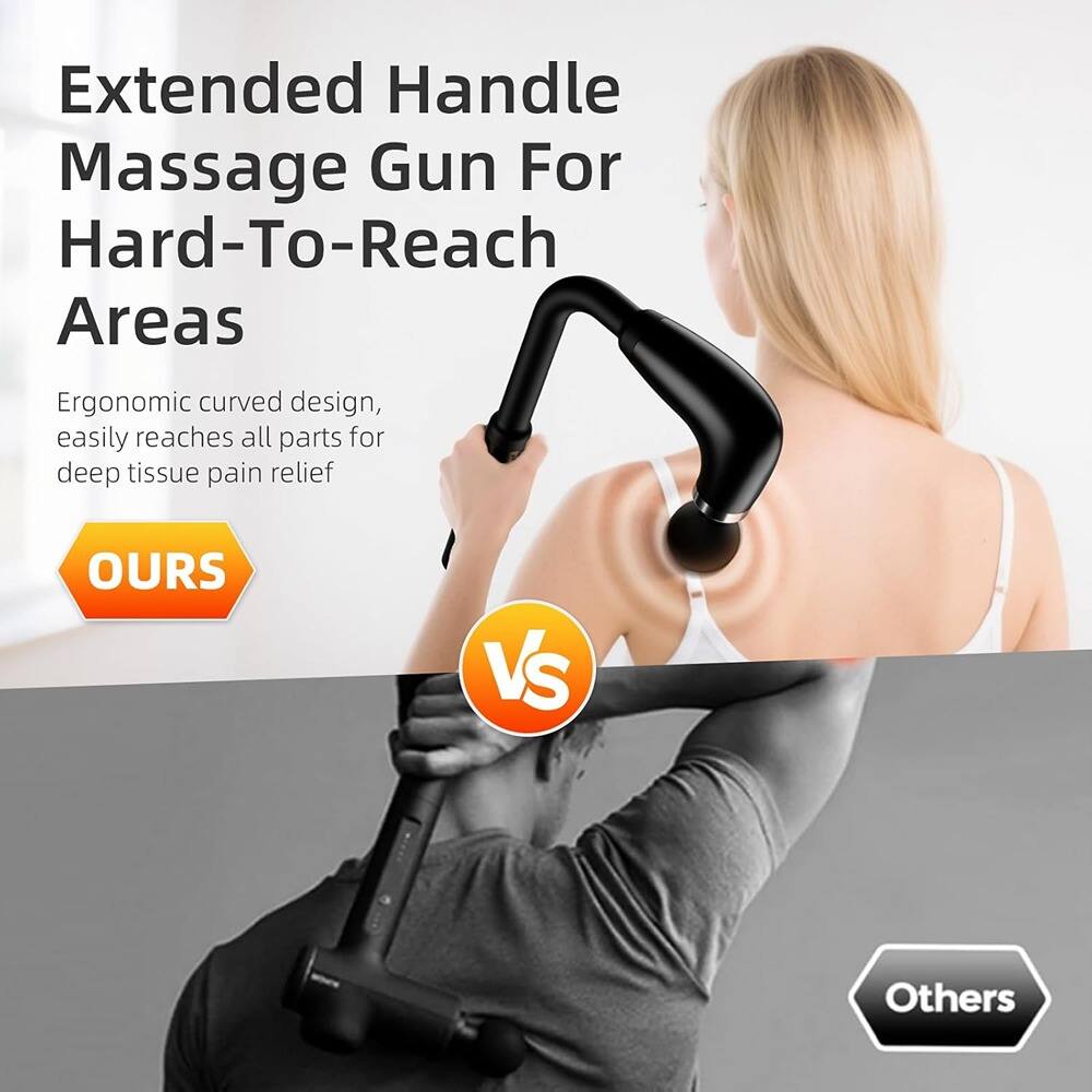 Extended Handle Massage Gun For Hard-To-Reach Areas

Ergonomic curved design, easily reaches all parts for deep tissue pain relief

OURS

VS

Others