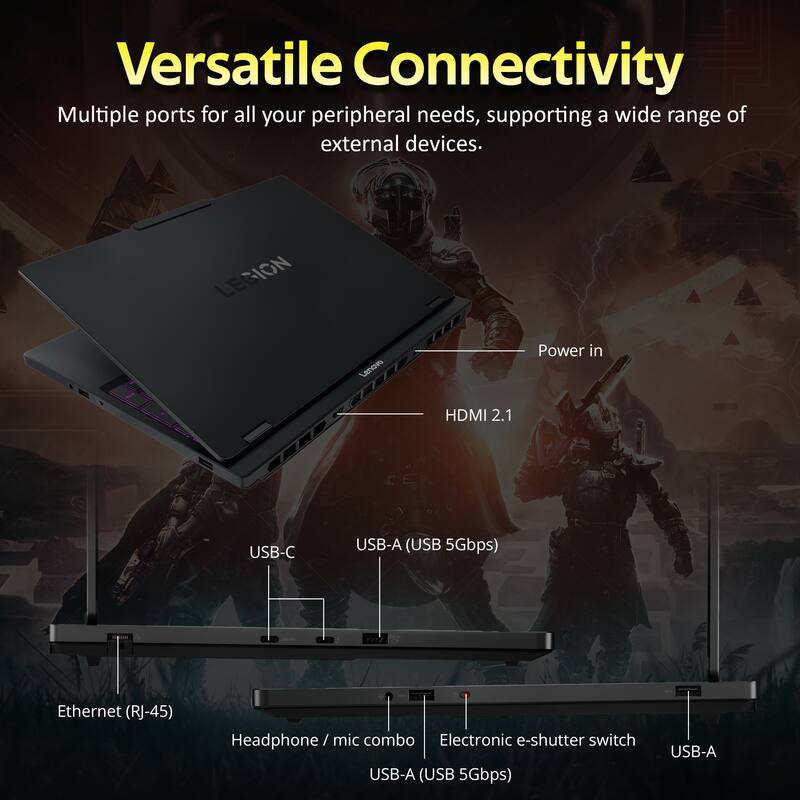 Versatile Connectivity  
Multiple ports for all your peripheral needs, supporting a wide range of external devices.  

LEGION  
Lenovs Power in  
HDMI 2.1  
USB-C  
USB-A (USB 5Gbps)  
Ethernet (RJ-45)  
Headphone/mic combo  
Electronic e-shutter switch  
USB-A (USB 5Gbps)  
USB-A