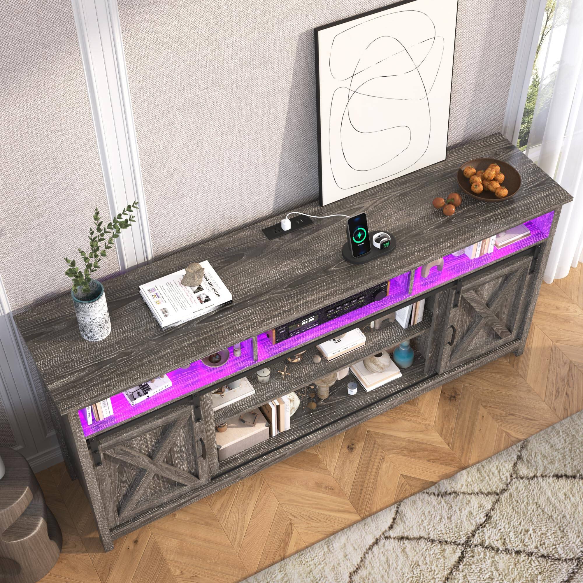 Alt View 5. Espafurni - Farmhouse TV Stand for 80 inch TVs, Rustic Entertainment Center TV Cabinet Stands with Power Outlets and LED lights - Gray.