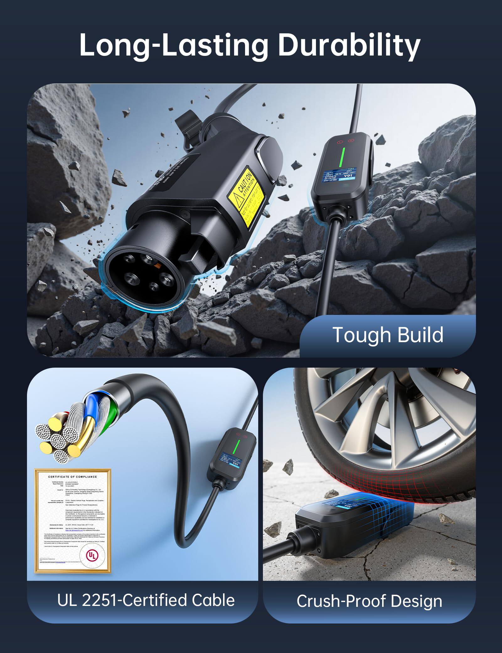 Long-Lasting Durability

- Tough Build
- UL 2251-Certified Cable
- Crush-Proof Design