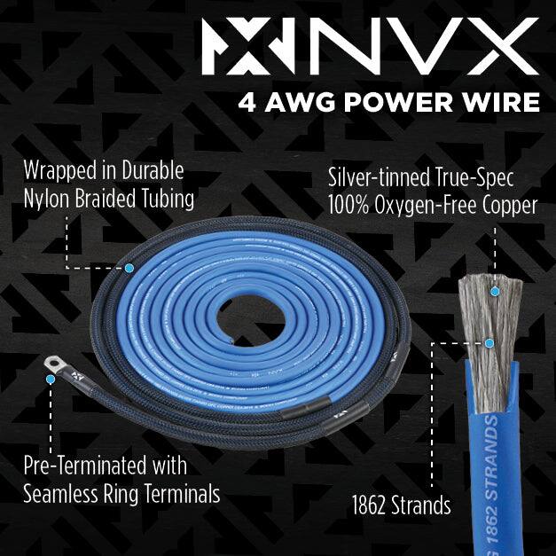 NVX 4 AWG POWER WIRE  
MEXA Wrapped Nylon Braided in Durable Tubing  
100% Silver-tinned True-Spec Oxygen-Free Copper  
Pre-Terminated with Seamless Ring Terminals  
1862 Strands