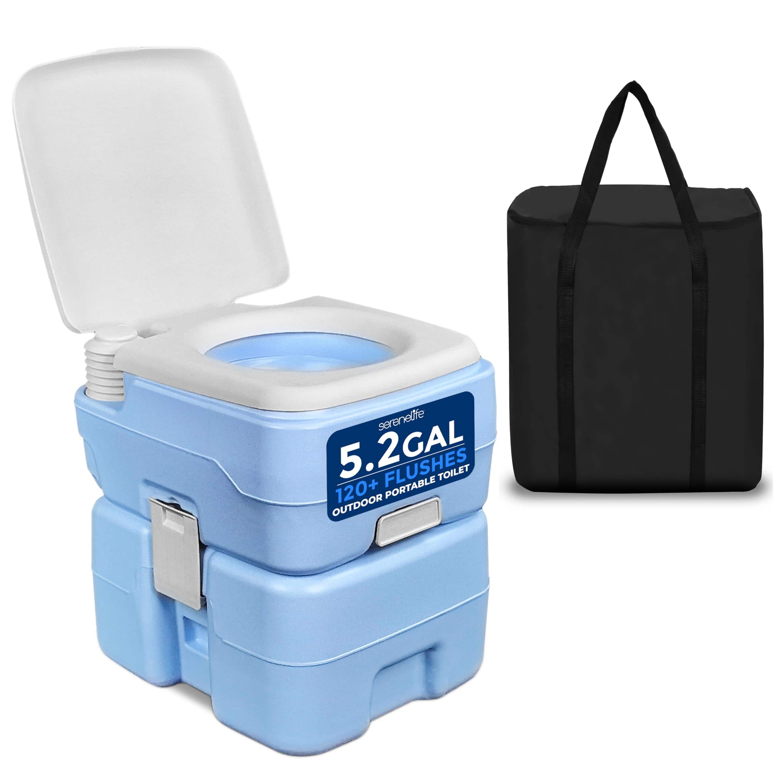 SereneLife - 5.2 Gal Portable Camping Toilet – 120+ Flushes, Detachable Tank, Hand Sprayer, Carry Bag for Camping - Blue