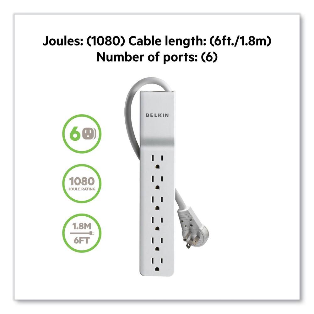 Joules: (1080)  
Cable length: (6ft./1.8m)  
Number of ports: (6)  

6 BELKIN  
1080 JOULE RATING  
1.8M = 6FT