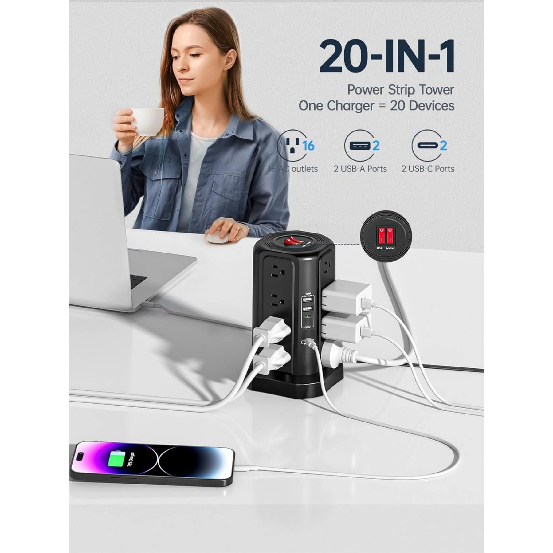 20-IN-1 Power Strip Tower  
One Charger = 20 Devices  

16 AC outlets  
2 USB-A Ports  
2 USB-C Ports