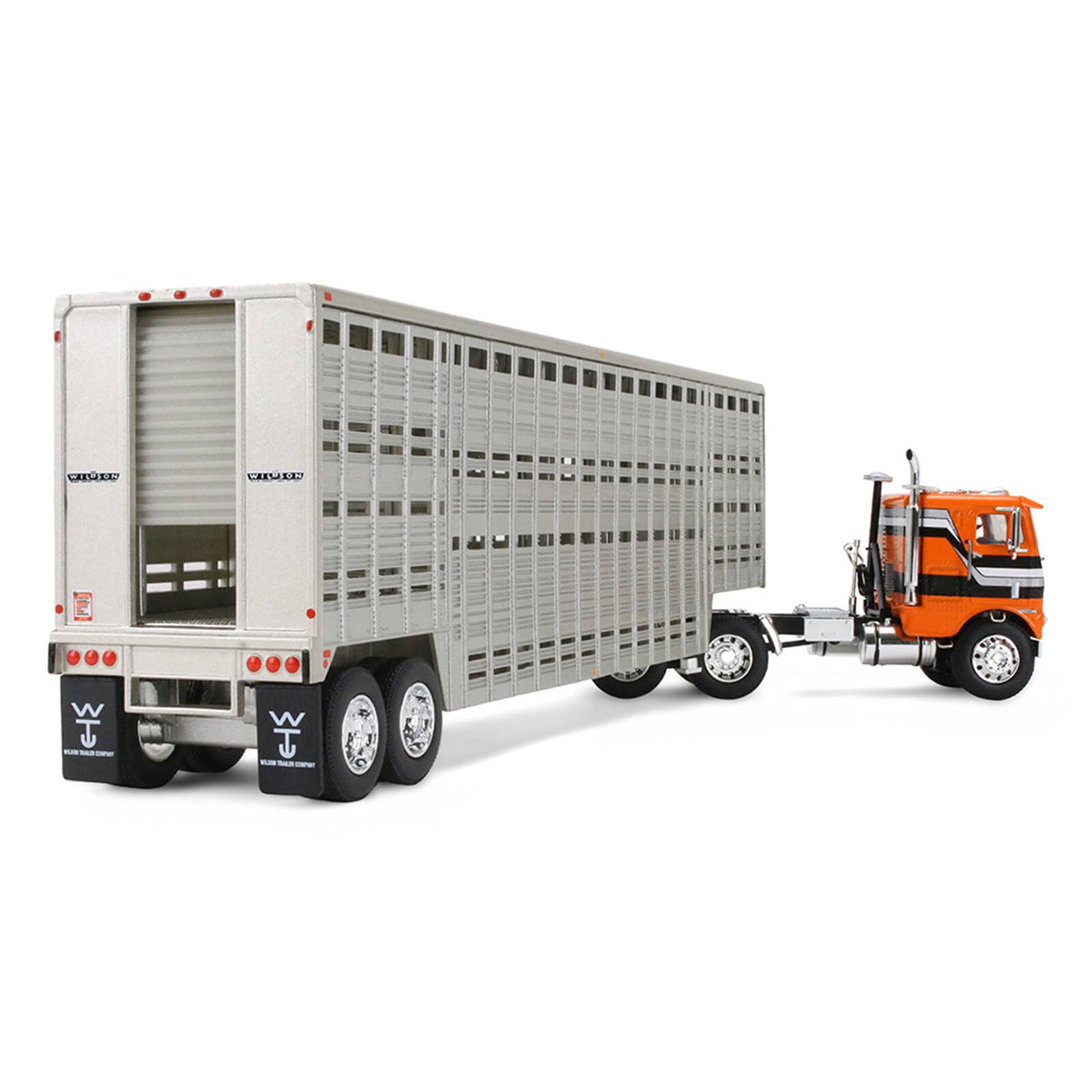 Alt View 4. First Gear - Freightliner COE and 45' Wilson Vintage Livestock Trailer Orange with Stripes 1/64 Diecast Model by First Gear.