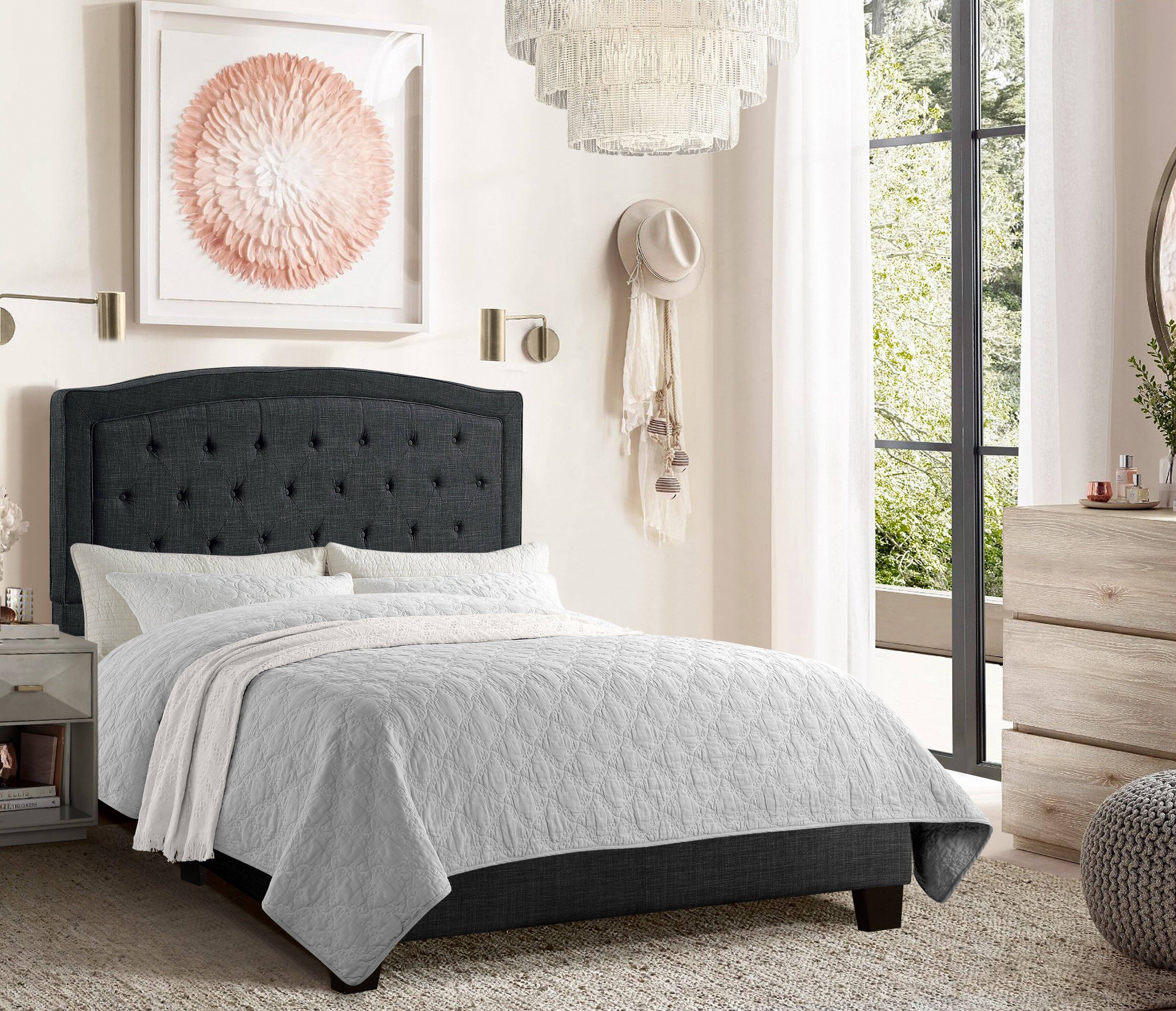 Alt View 2. Boyel Living - Curved Button Tufted Upholstered Bed with Solid Wood Frame - Dark Gray.