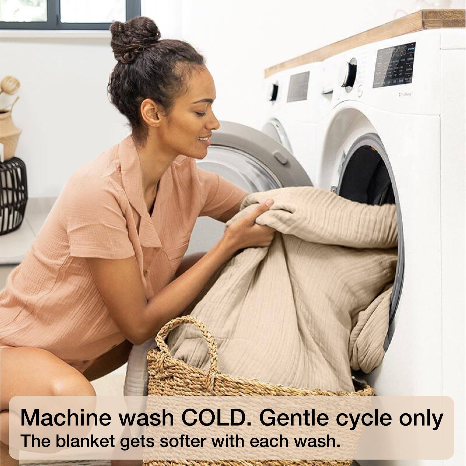 Machine wash COLD. Gentle cycle only. The blanket gets softer with each wash.
