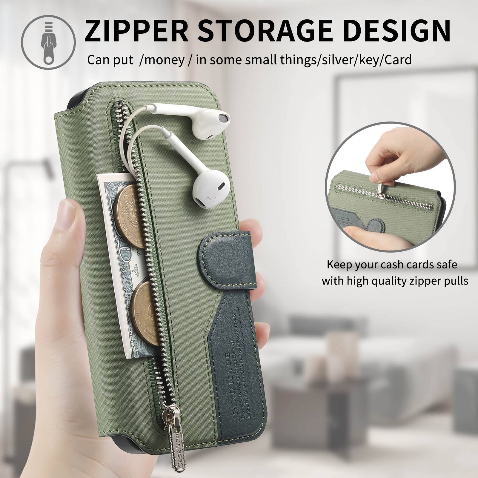 ZIPPER STORAGE DESIGN  
Can put /money / in some small things/silver/key/Card  
Keep your cash cards safe with high quality zipper pulls