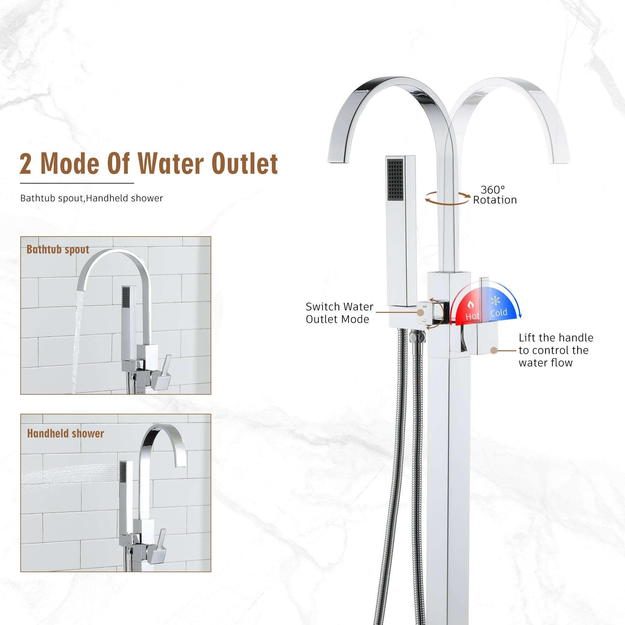 2 Mode Of Water Outlet

Bathtub spout, Handheld shower

360° Rotation

Bathtub spout
Switch Water Outlet Mode
Hot Cold
Lift the handle to control the water flow

Handheld shower