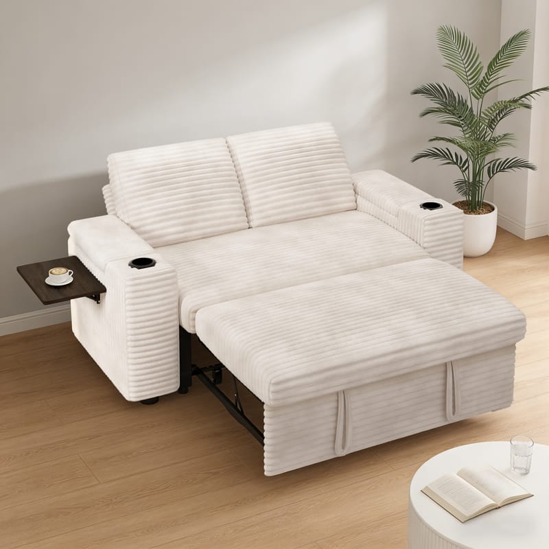 Dyonery - 65.5" Loveseat Sleeper Sofa with Pull Out Bed,Corduroy Sofa Bed with Reclining Backrest,USB Ports,Cup Holders,Side table - Beige