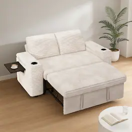 Dyonery - 65.5" Loveseat Sleeper Sofa with Pull Out Bed,Corduroy Sofa Bed with Reclining Backrest,USB Ports,Cup Holders,Side table - Beige