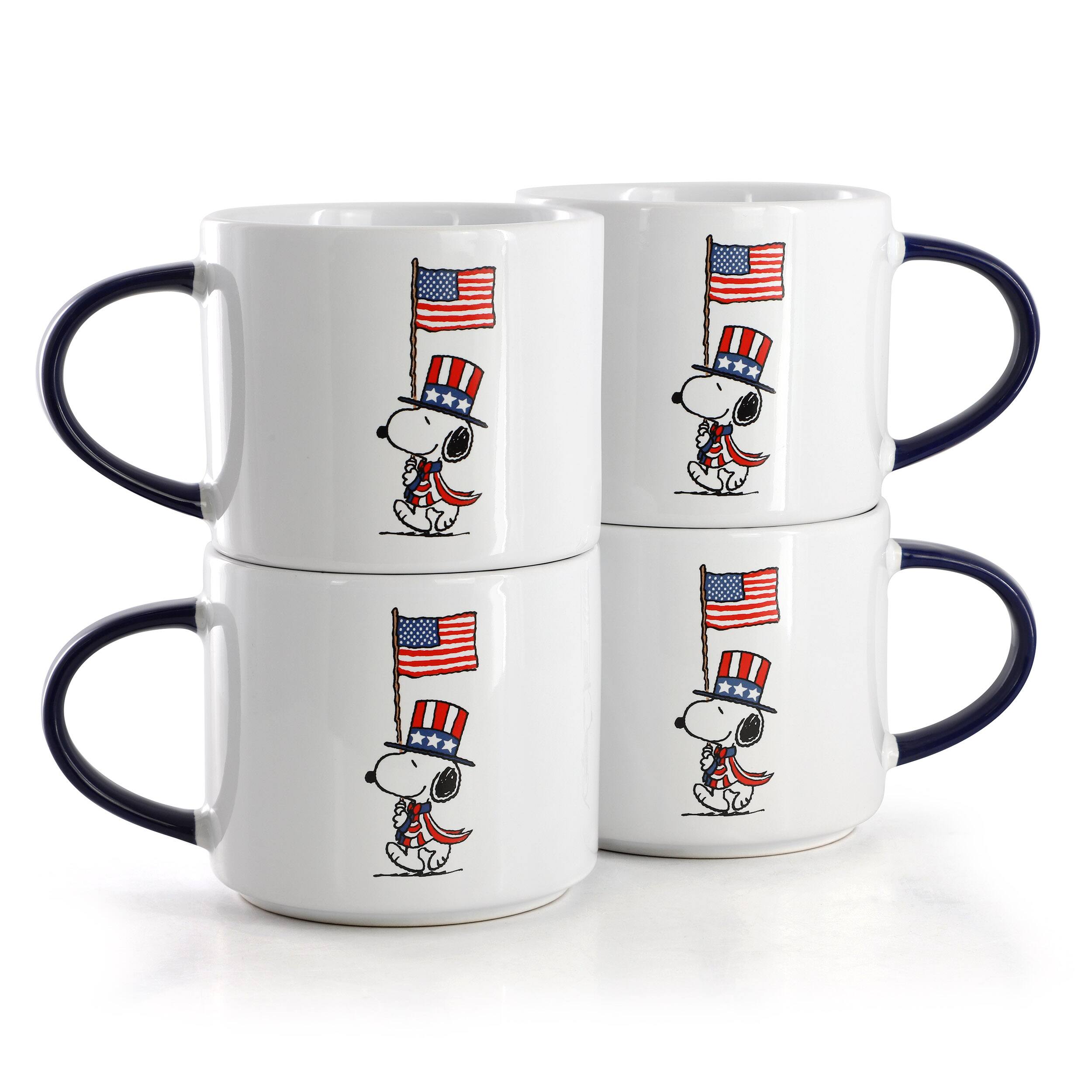 Alt View 2. Peanuts - Peanuts Raise the Flag 4 Piece 15 Ounce Stoneware Mug Set in White, Blue, and Red - White, Blue, Red.