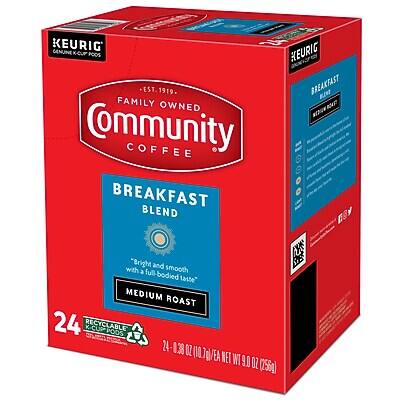 KEURIG CENUINE K-CUP PODS  
KEURIG EST. 1919  
FAMILY OWNED  
COMMUNITY COFFEE  
BREAKFAST BLEND  
"Bright and smooth with a full-bodied taste"  
MEDIUM ROAST  
24 RECYCLABLE K-CUP PODS  
24 - 0.38 OZ (10.7g/EA)  
NET WT 9.0 OZ (255g)