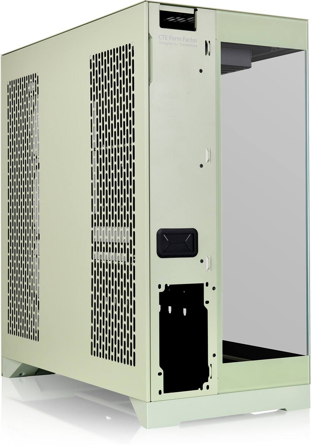 The image shows a computer tower, which is designed by Thermaltake. The tower is made of metal and has a large ventilation system to ensure proper cooling of the internal components. The tower is also equipped with a handle for easy transportation.