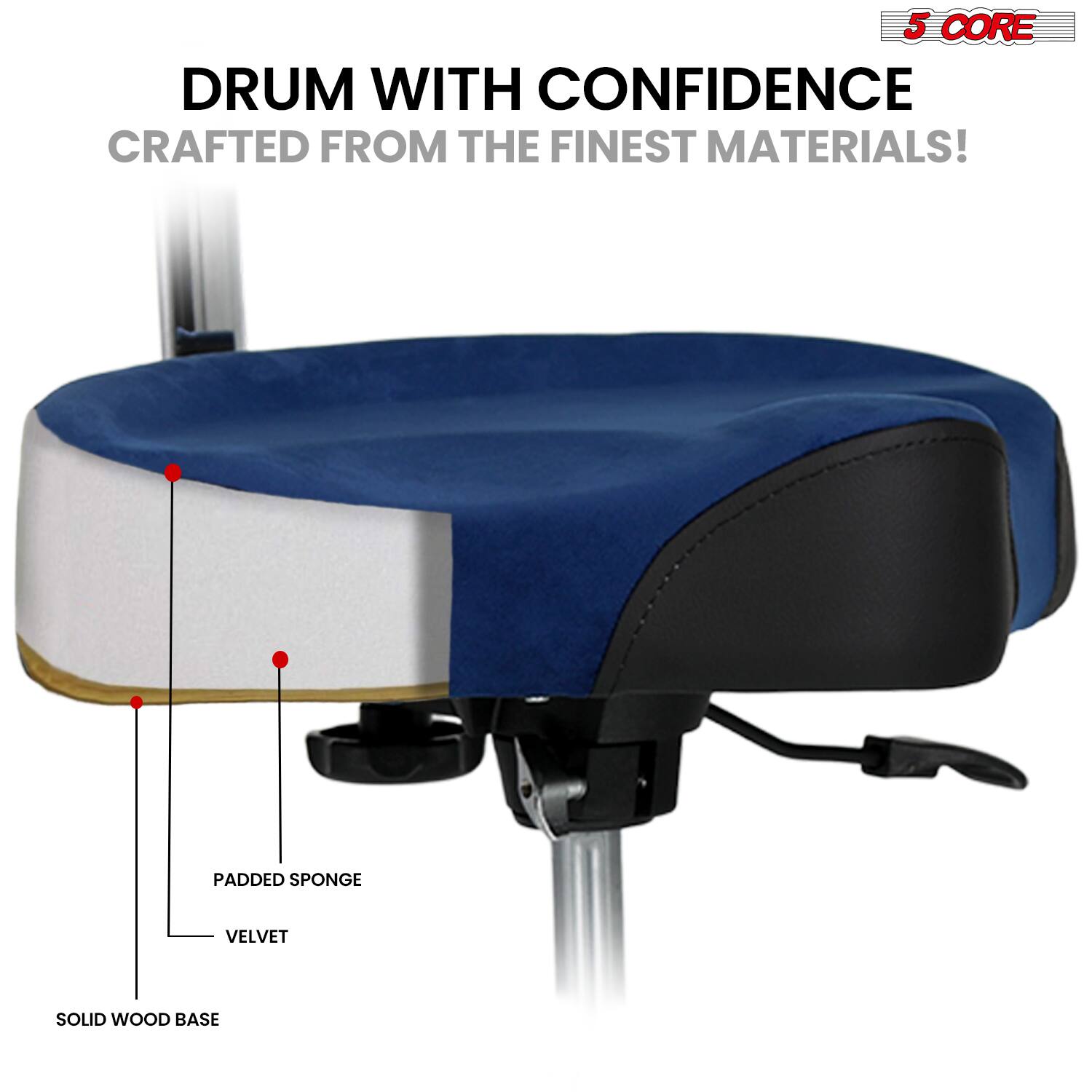 5 CORE DRUM WITH CONFIDENCE  
CRAFTED FROM THE FINEST MATERIALS!  

- SOLID WOOD BASE  
- PADDED SPONGE  
- VELVET
