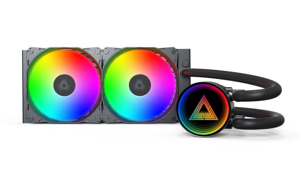 Left. Montech - LightFlow ARGB 240 CPU Liquid Cooler, 240mm AIO with Infinity Mirror Design, 3100RPM Pump, 2x120mm ARGB Fans - Black.