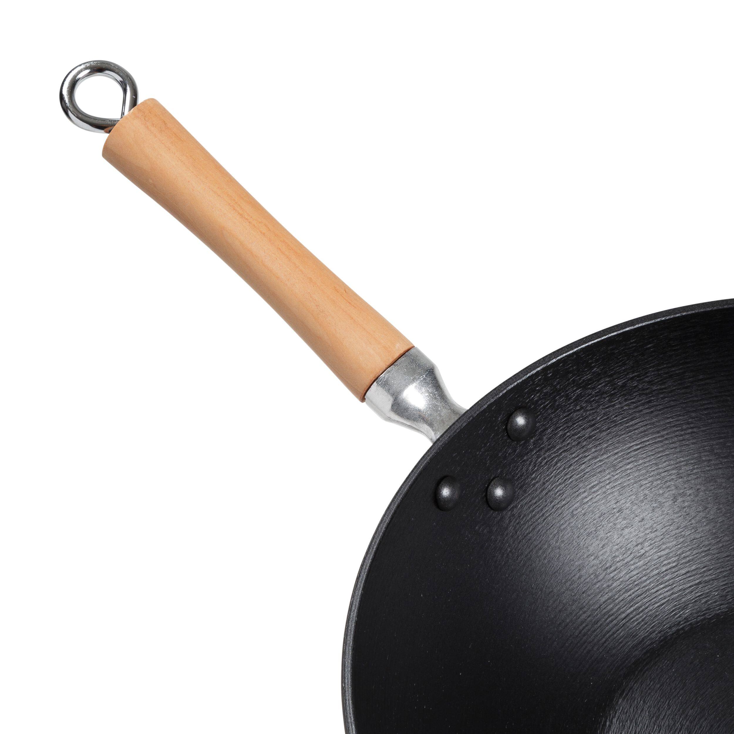 Back. Escali - Joyce Chen Professional Series 14-Inch Preseasoned Cast Iron Flat Bottom Wok with Maple Handle - Black.