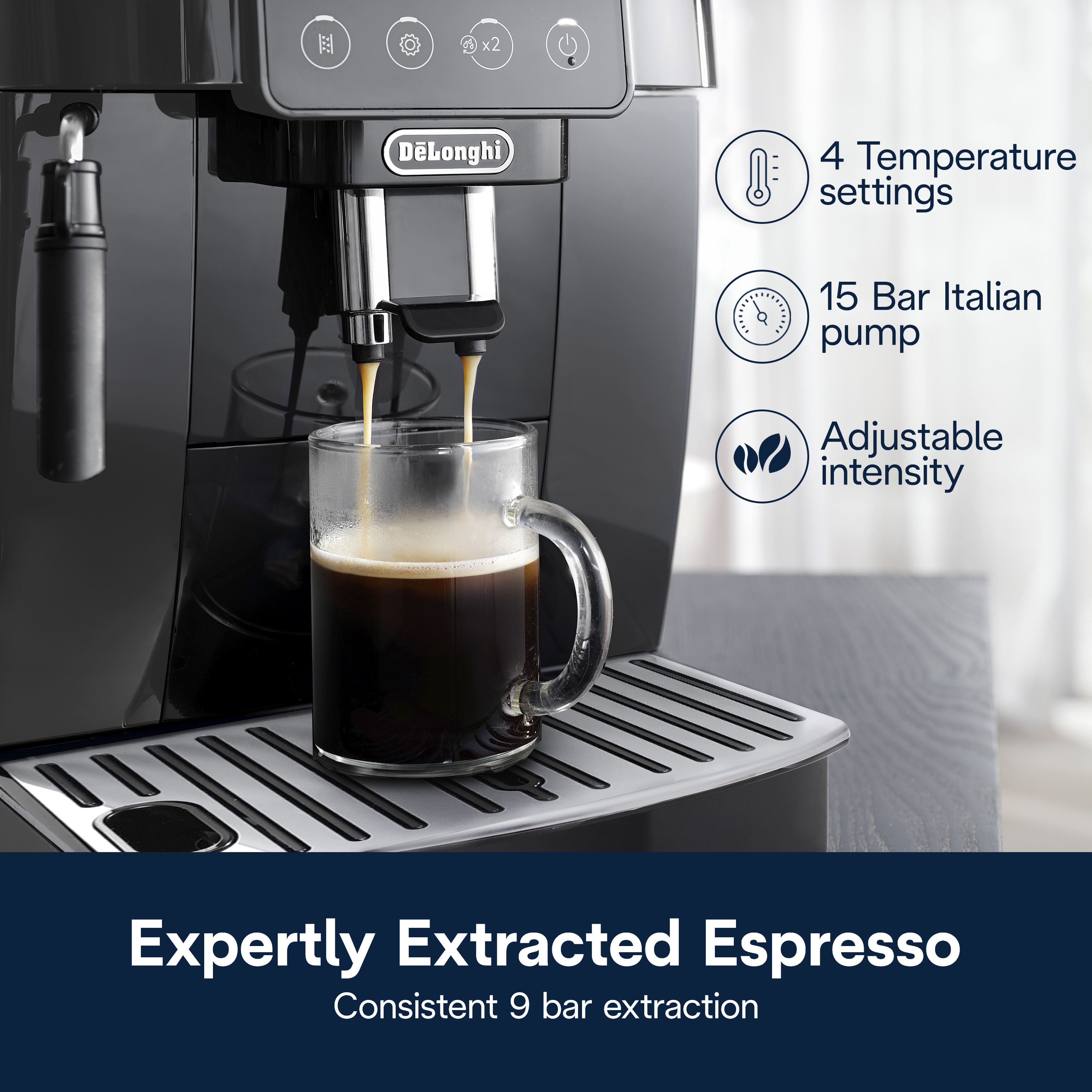 The text on the image reads: "Expertly Extracted Espresso Consistent 9 Bar Extraction."