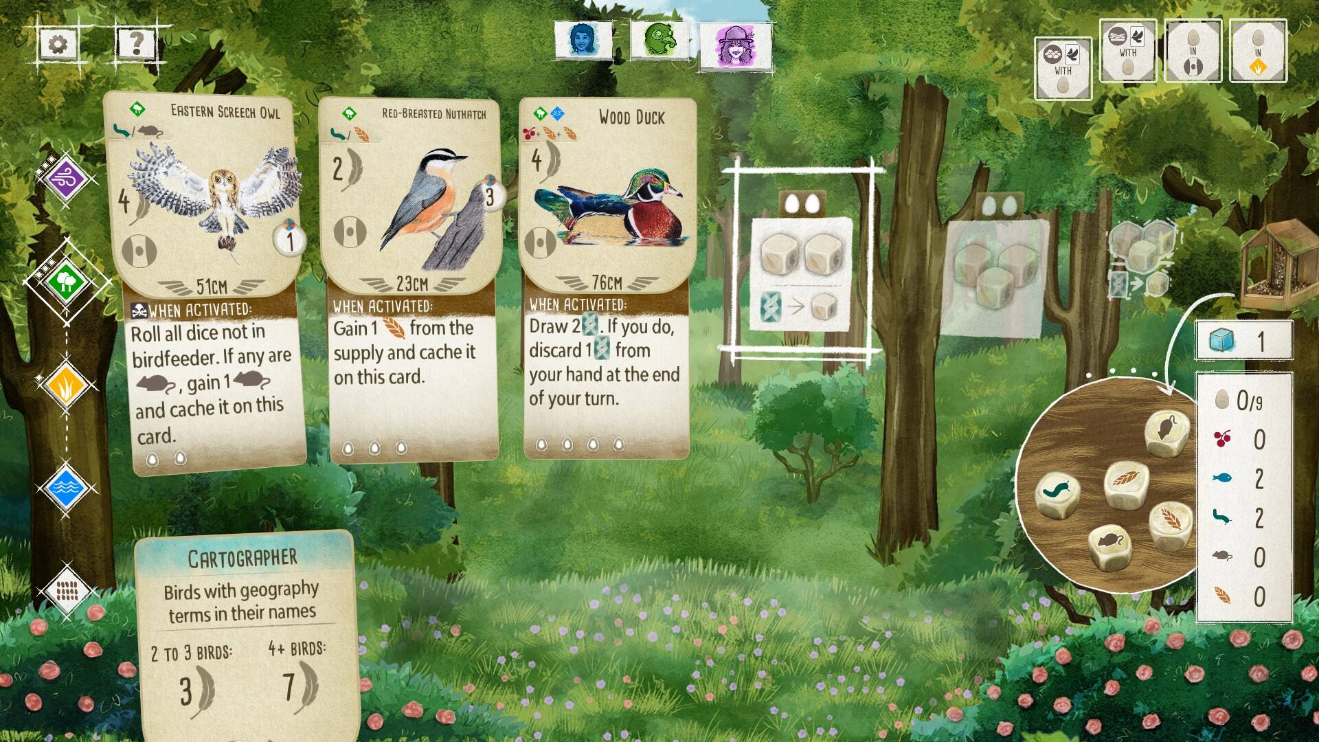 The text on the image is already grouped and correctly written. It reads:
"With Eastern Screech Owl, Red-breasted Nuthatch, Wood Duck, 4 1 2 3 4 5 1 cm 23 cm. When activated: Roll all dice not in Gain 1 from the birdfeeder. If you have supply and cache it on this card. Cartographer. Birds with geography terms in their names. 76 cm. When activated: Draw 2. If you do, discard 1 from your hand at the end of your turn. 1 0/9 0 2 2 0 0 2 To 3 Birds: 3 4+ Birds: 7"