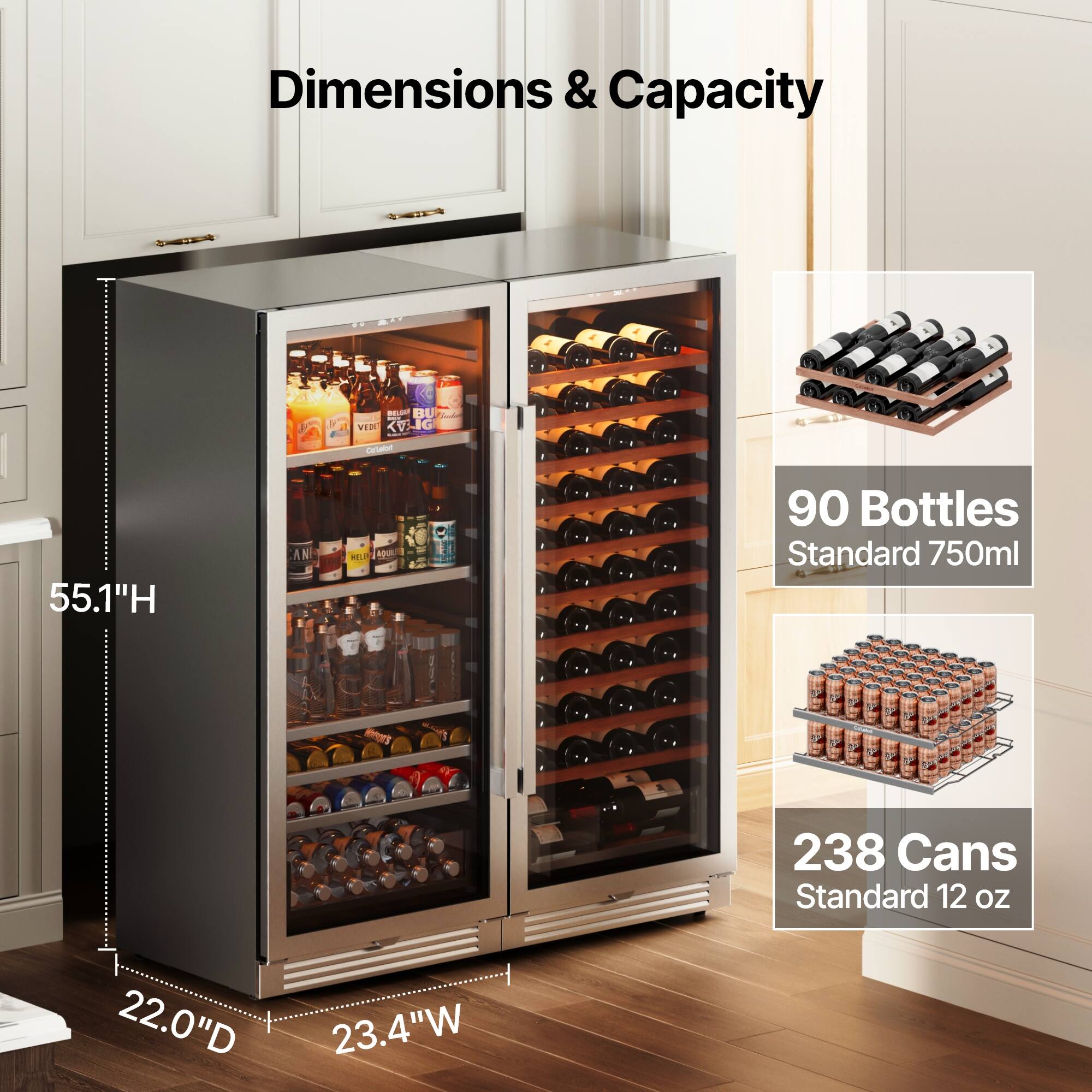 Dimensions & Capacity

- Height: 55.1"
- Depth: 22.0"
- Width: 23.4"

Capacity:
- 90 Bottles (Standard 750ml)
- 238 Cans (Standard 12 oz)