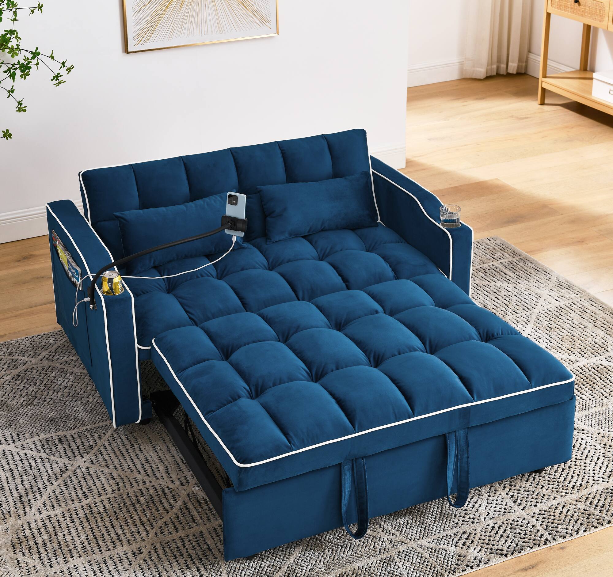 Alt View 1. Tiramisubest - Modern Velvet Versatile Foldable Sofa Bed in 3 Lengths,Adjustable Back w/ USB Port,Ashtray & Swivel Phone Stand (Blue) - Blue.