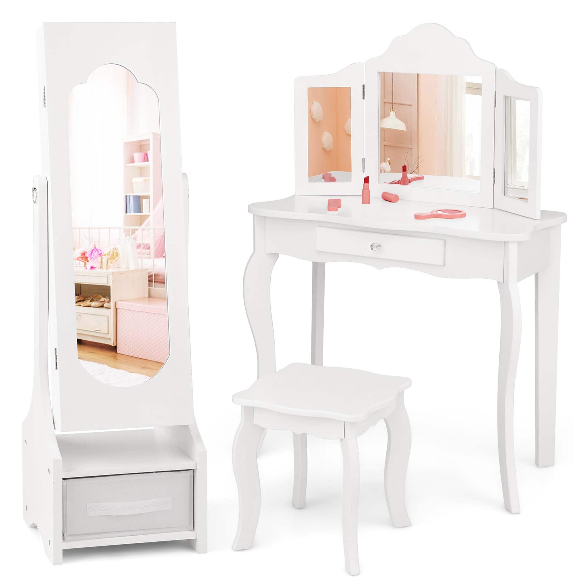 Costway - Kids Vanity Set Princess Makeup Dressing Table & Chair Set with Jewelry Armoire - White price history on PriceWatchPro