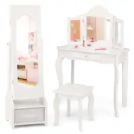 Costway - Kids Vanity Set Princess Makeup Dressing Table & Chair Set with Jewelry Armoire - White