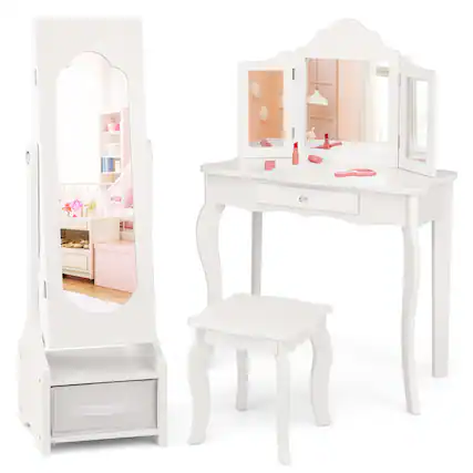 Front. Costway - Costway Kids Vanity Set Princess Makeup Dressing Table & Chair Set with Jewelry Armoire - White.