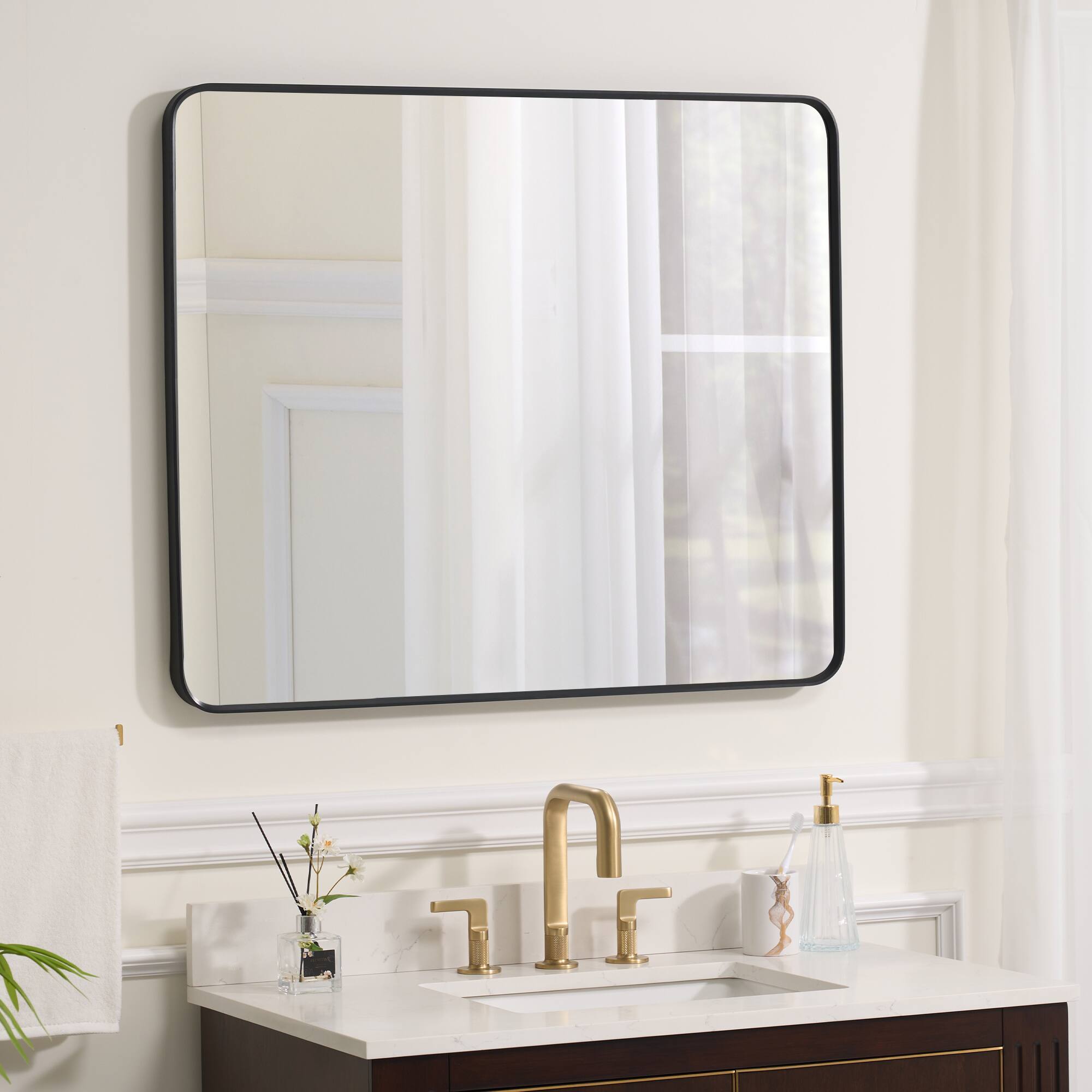 Angle. WELLFOR - 30 in. W x 36 in. H Rectangular Aluminum Framed Wall-Mounted Bathroom Vanity Mirror - Matte Black.