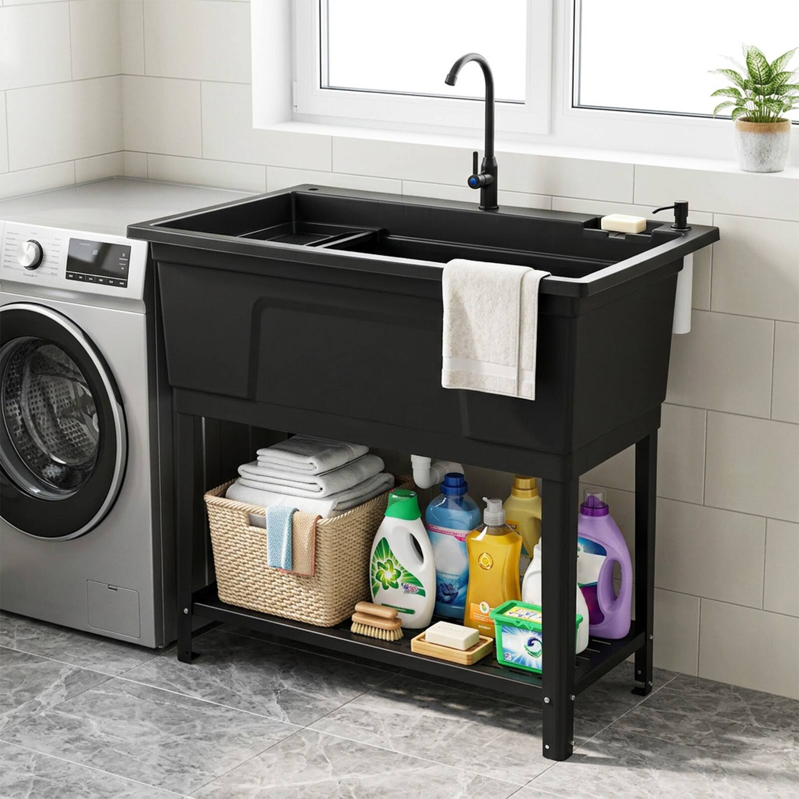 Alt View 3. Costway - Costway 26.42 gal Utility Sink, Laundry Tub with Rotating Faucet, Storage Shelf, Drip Tray - Black.