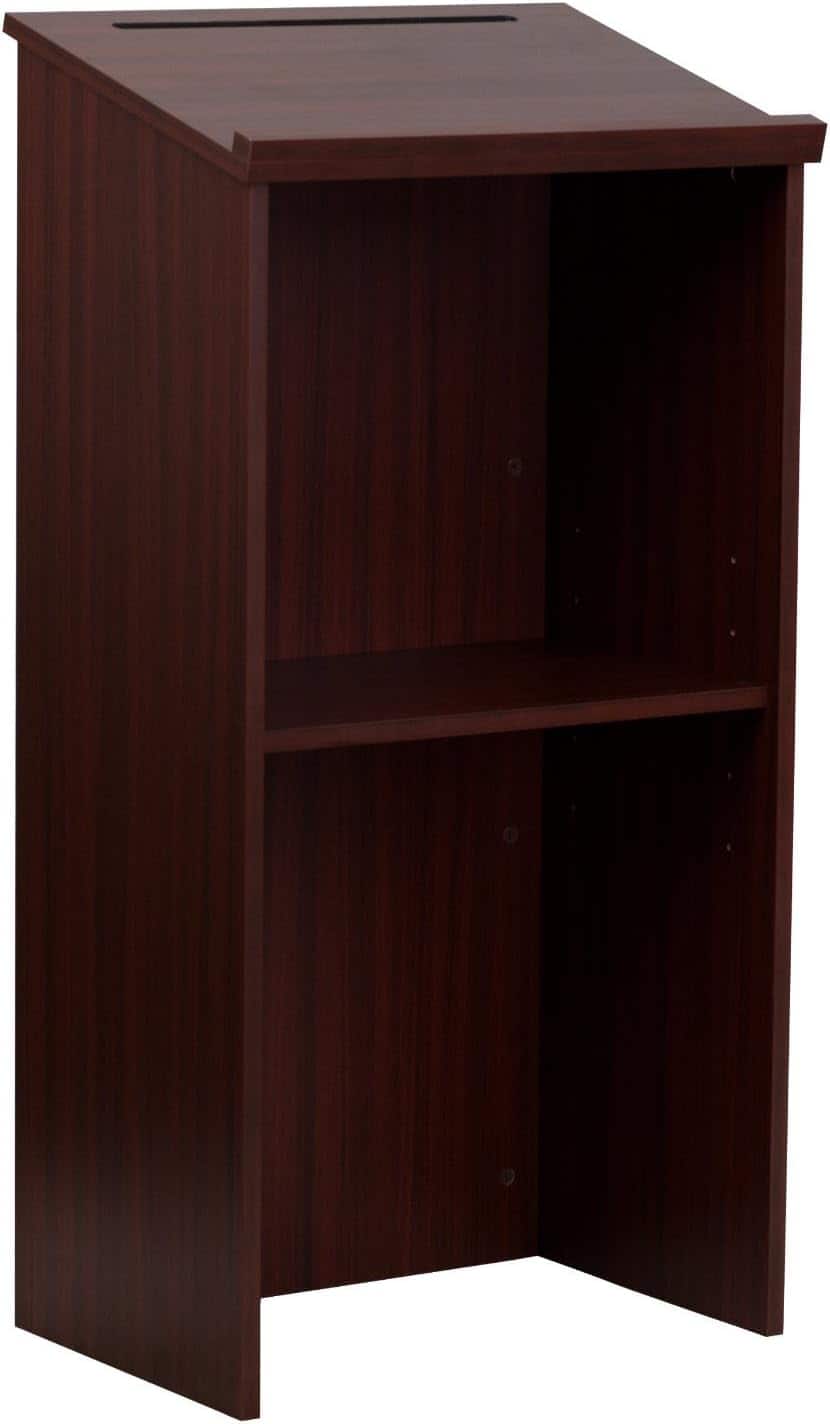 AdirOffice - Podium Lectern, Wood Podium Presentation Lectern Stand with Storage Shelf - Mahogany