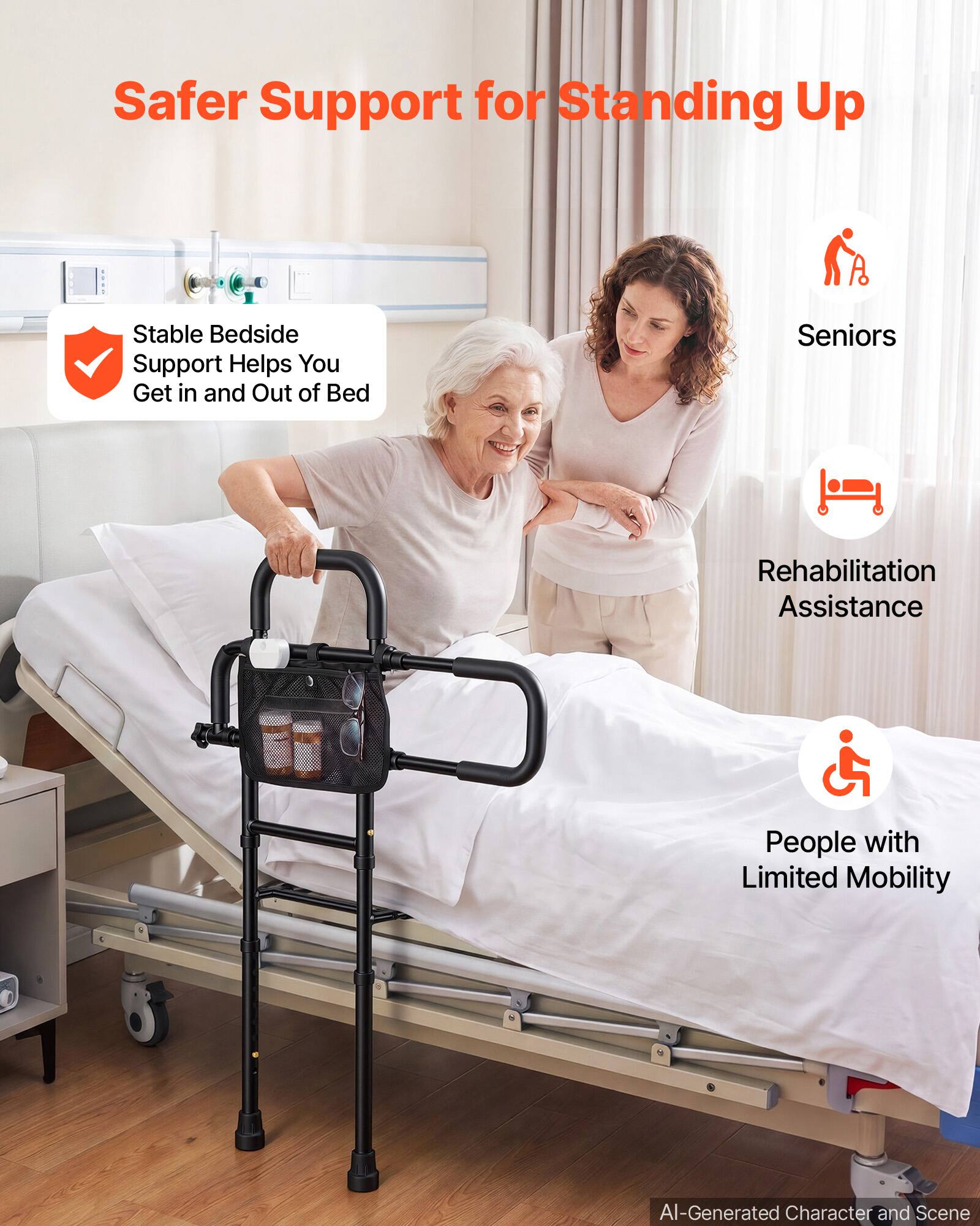VEVOR Bed Rail for Elderly Adult Folding Bed Assist Rail with Floor ...