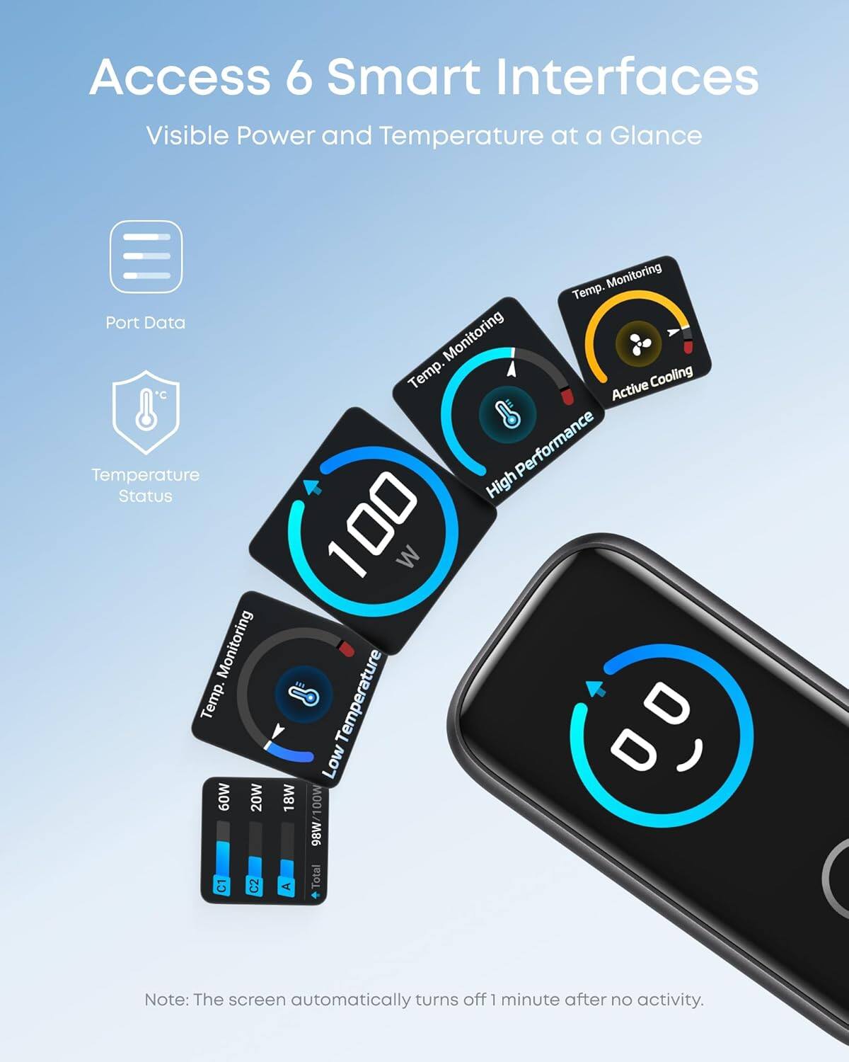 Access 6 Smart Interfaces  
Visible Power and Temperature at a Glance  

Port Data  
Temperature Status  

Monitoring Temp.  
60W 20W C1 C2  

Monitoring Temp.  
Monitoring Temp.  
Active Cooling  
High Performance  
100 W  

Temperature  
Low 18W  

MOOL/M86  

Note: The screen automatically turns off 1 minute after no activity.