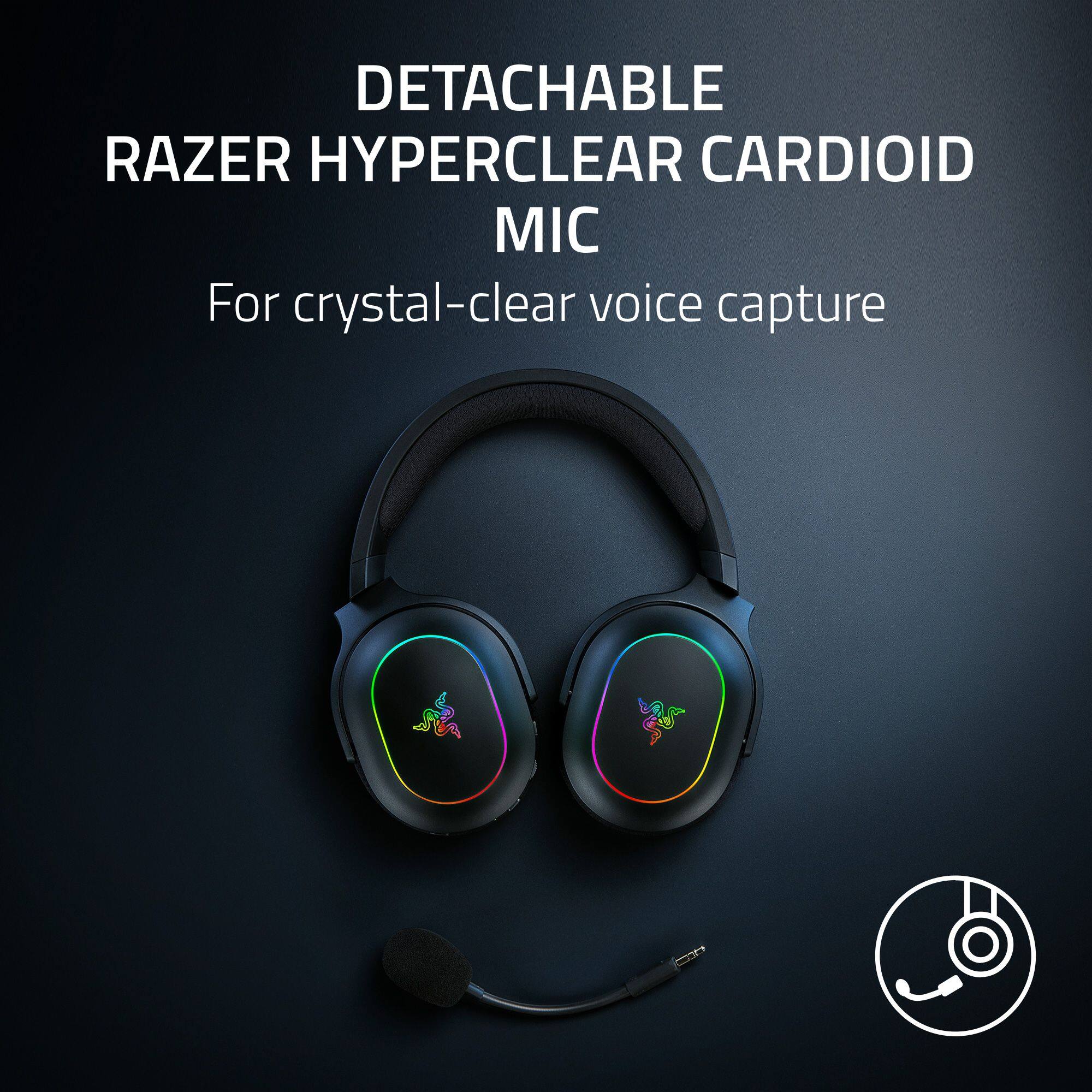 Detachable Razer Hyperclear Cardioid Mic for crystal-clear voice capture.