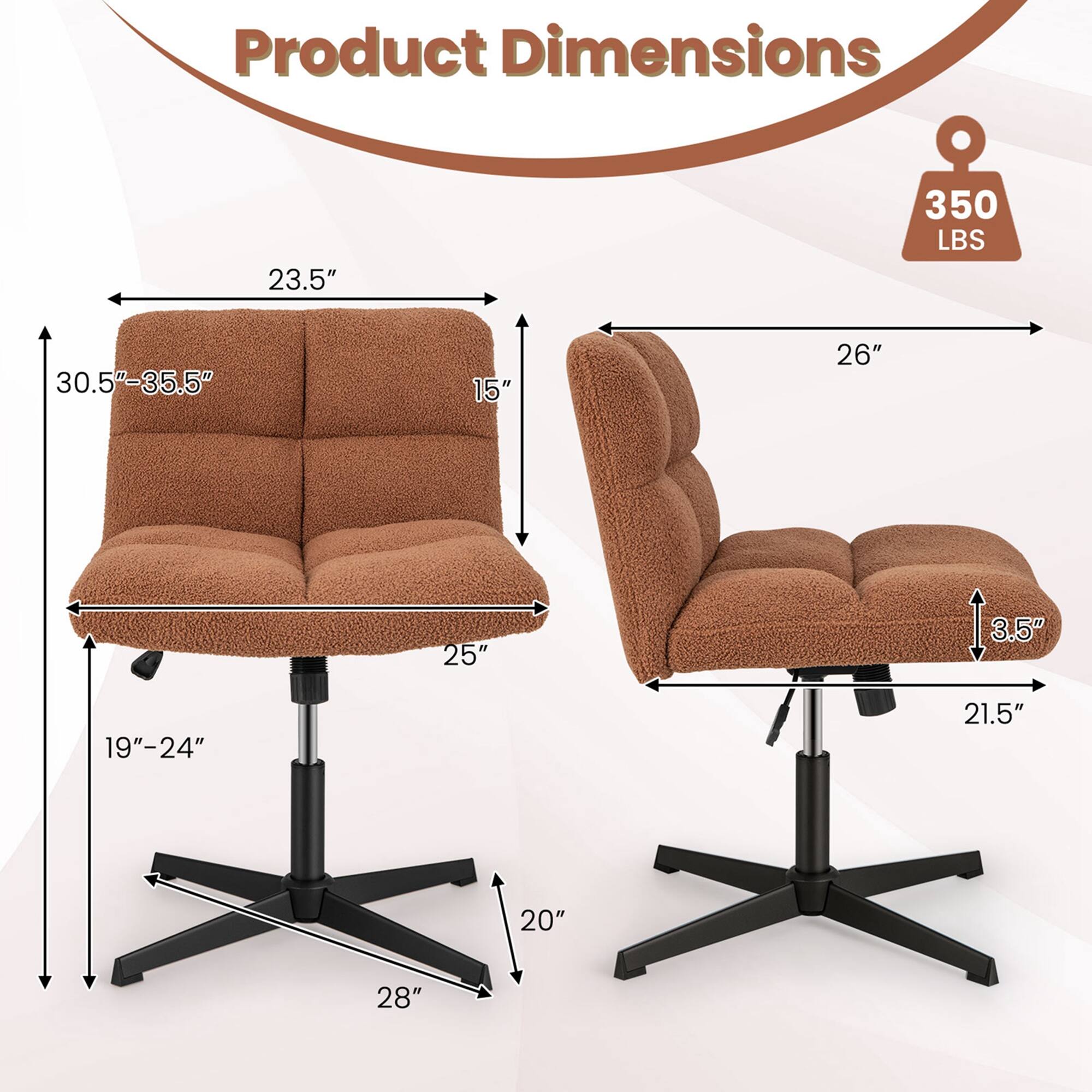 Product Dimensions: 23.5" x 350 LBS, 30.5"-35.5" x 15", 26" x 25", 3.5" x 19"-24", 21.5" x 20", 28" x 20".