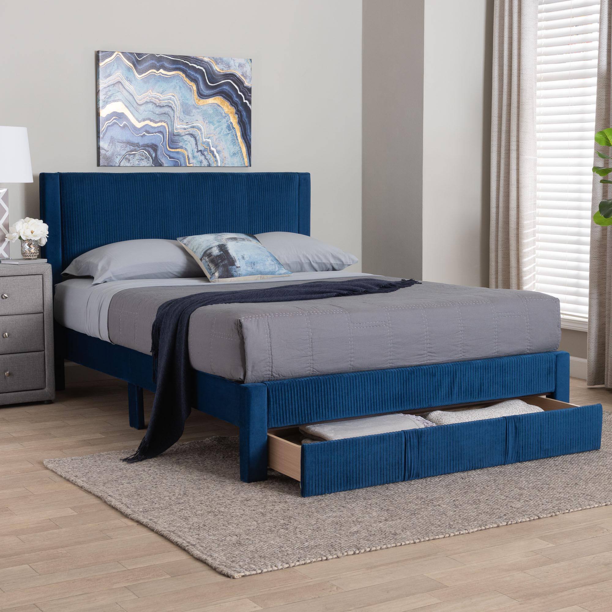 Alt View 6. Baxton Studio - Elora Modern Pleated Velvet Queen Size Storage Bed - Navy Blue.