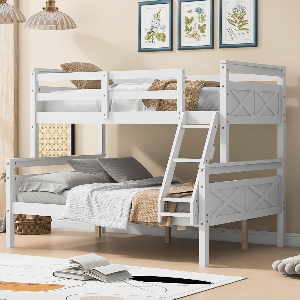 Loheer - Twin Over Full Bunk Bed Solid Wood Bunk Bed with Ladder - White