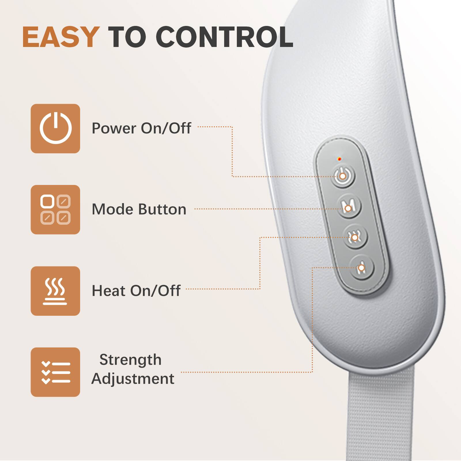EASY TO CONTROL

- Power On/Off
- Mode Button
- Heat On/Off
- Strength Adjustment