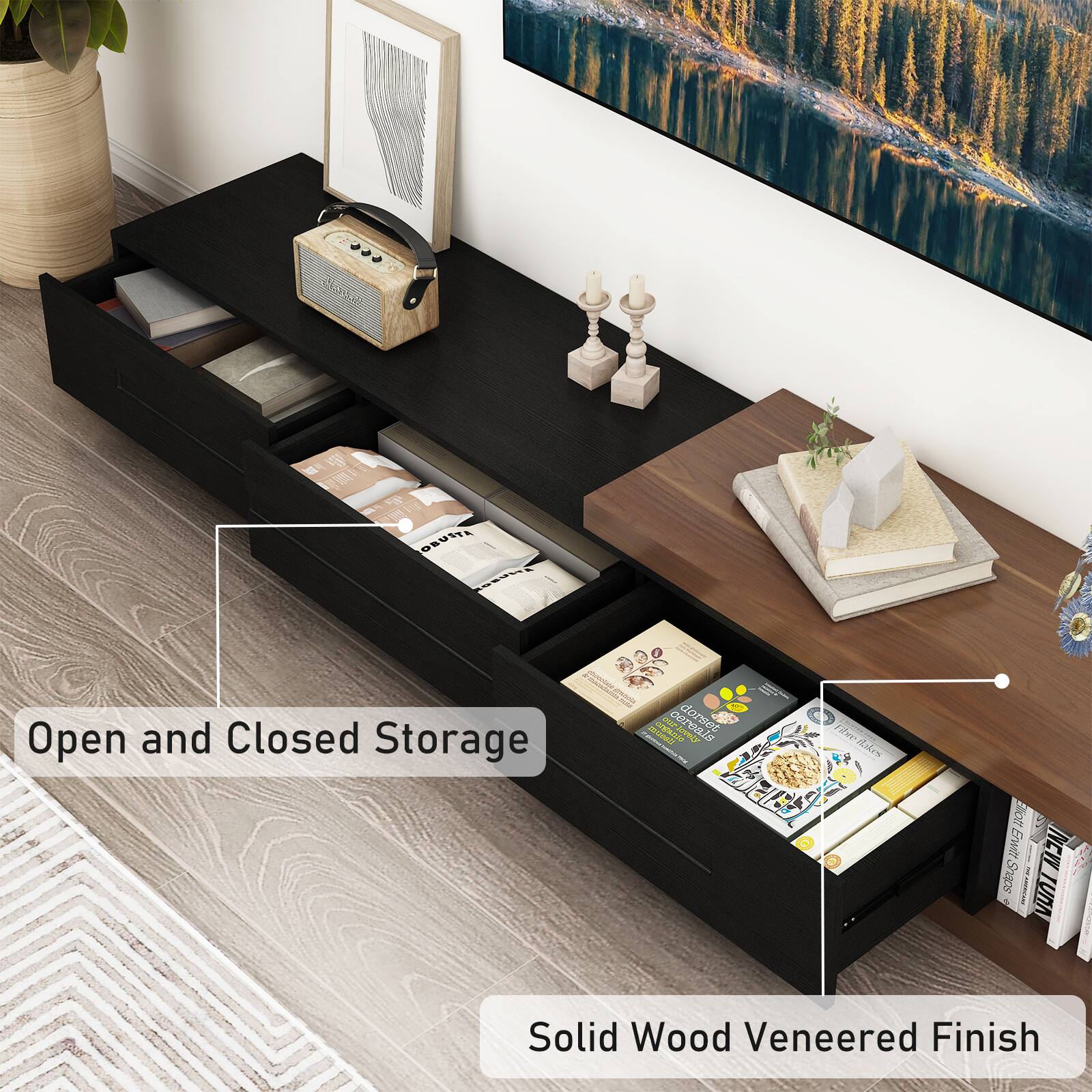Open and Closed Storage  
Solid Wood Veneered Finish