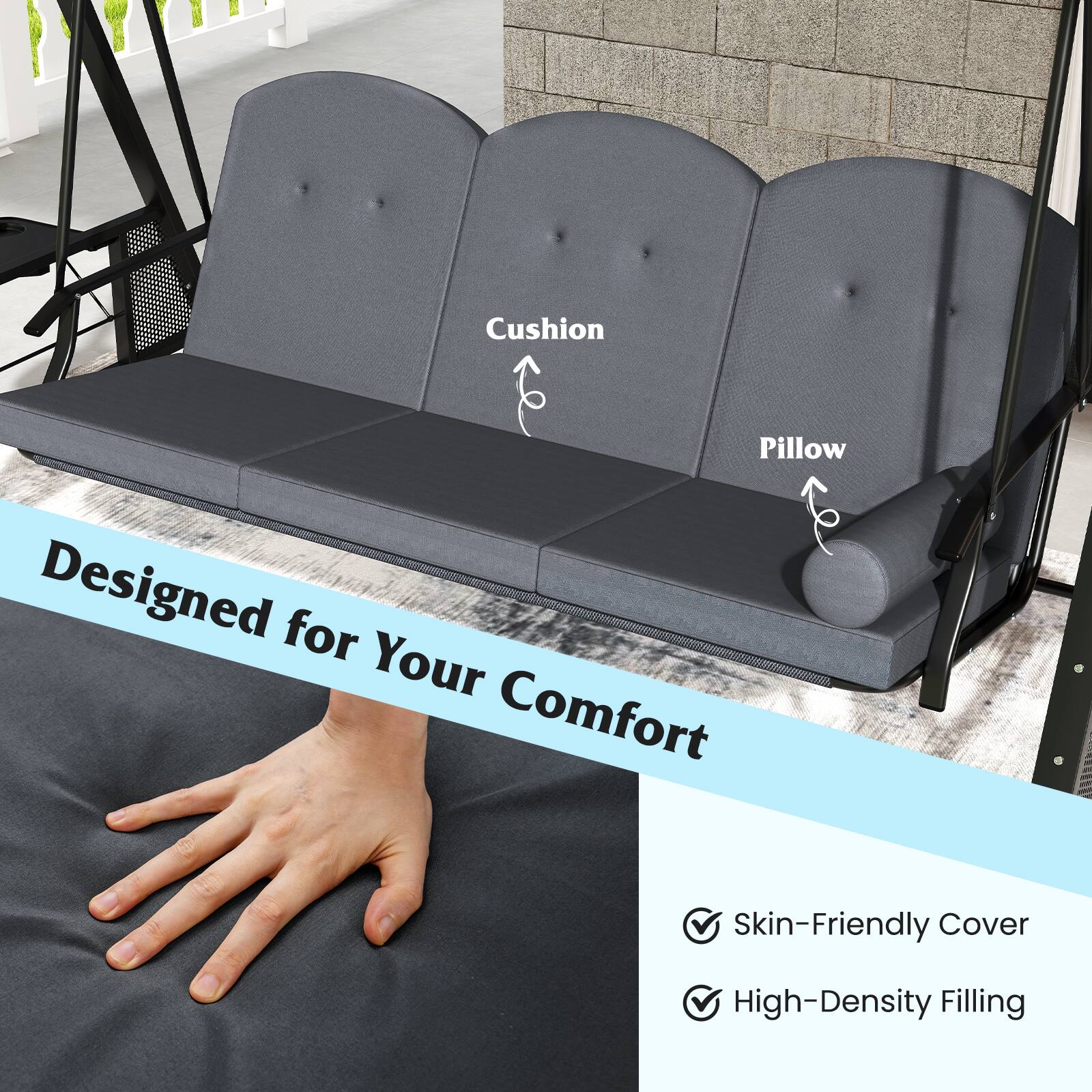Alt View 4. Gymax - Gymax 3-Seat Patio Swing Chair w/ Adjustable Canopy Thickened Cushions Pillow Outdooor Gray - Gray.