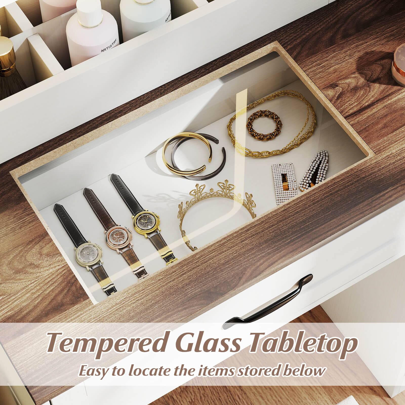 Tempered Glass Tabletop  
Easy to locate the items stored below